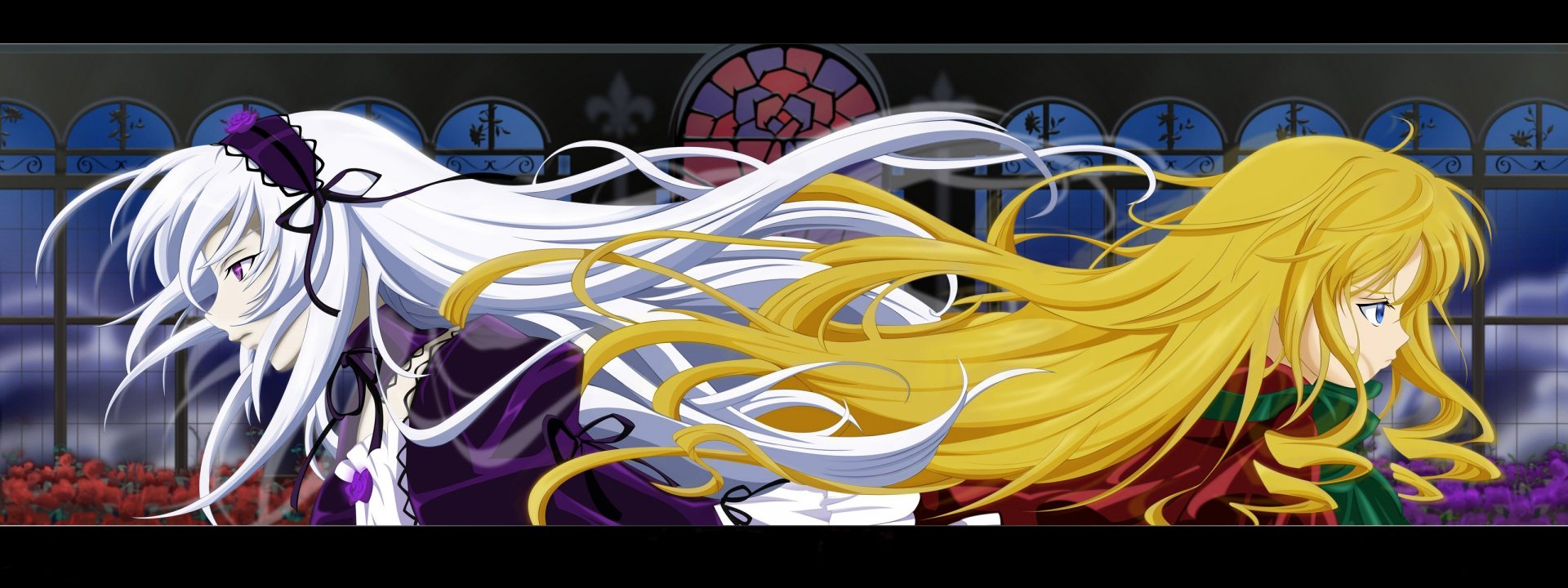 HD anime desktop wallpaper featuring characters from Rozen Maiden with flowing white and golden hair against a stained glass window background.