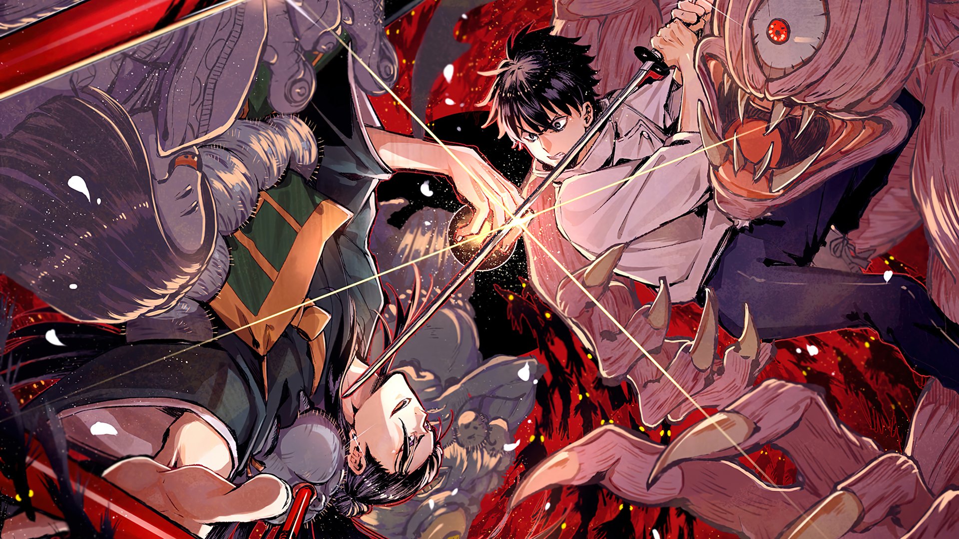 Dynamic 4K Ultra HD wallpaper featuring Suguru Geto and Yuta Okkotsu from Jujutsu Kaisen in an intense battle scene with vivid colors and detailed artwork.