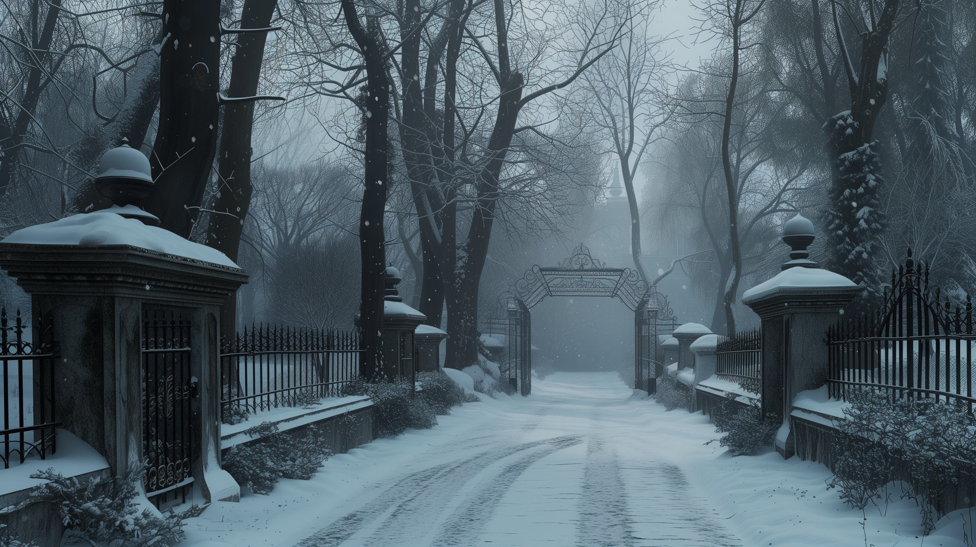 A serene snowy road lined with bare trees leads to an ornate gate, enveloped in winter's quiet stillness, creating a captivating HD desktop wallpaper.