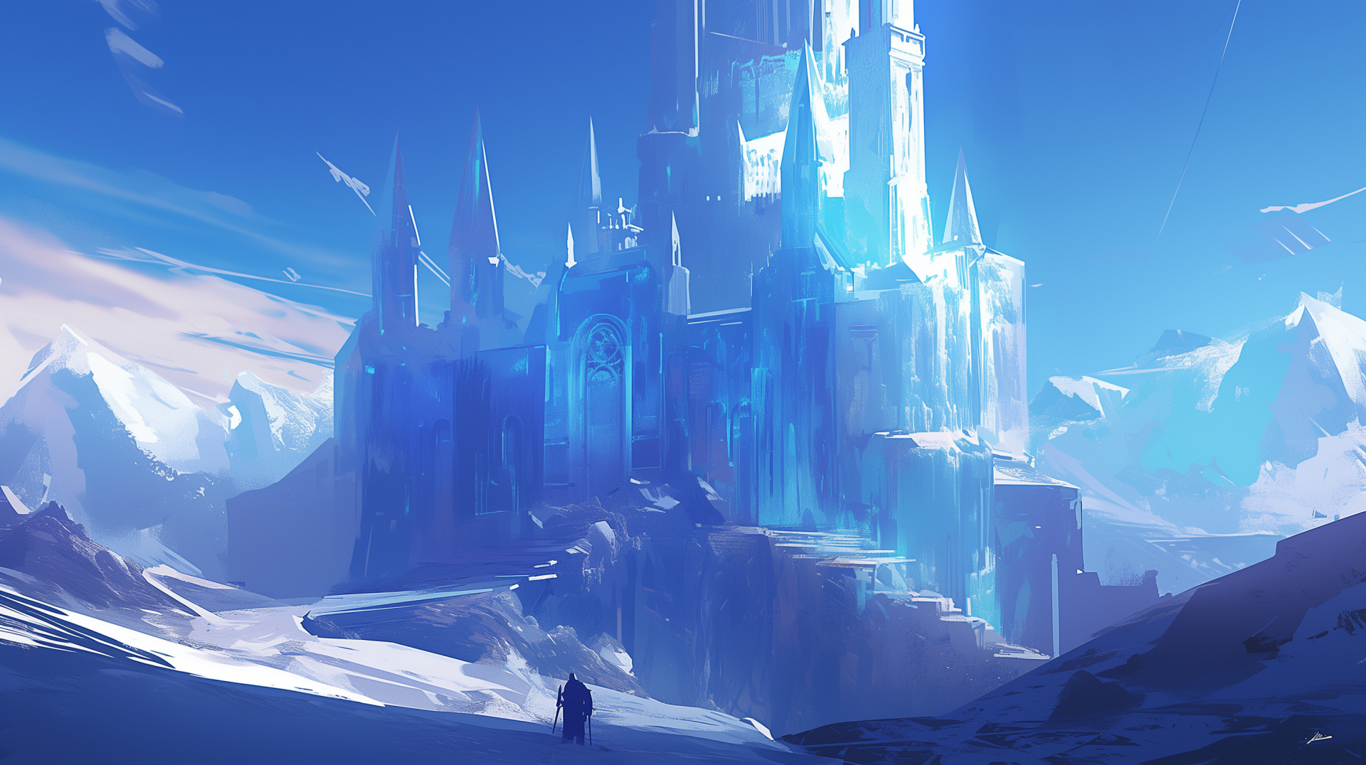 A sprawling fantasy castle emerges from a snowy landscape, its crystal-like towers glistening under a bright blue sky. This HD desktop wallpaper captivates with its enchanting scene.