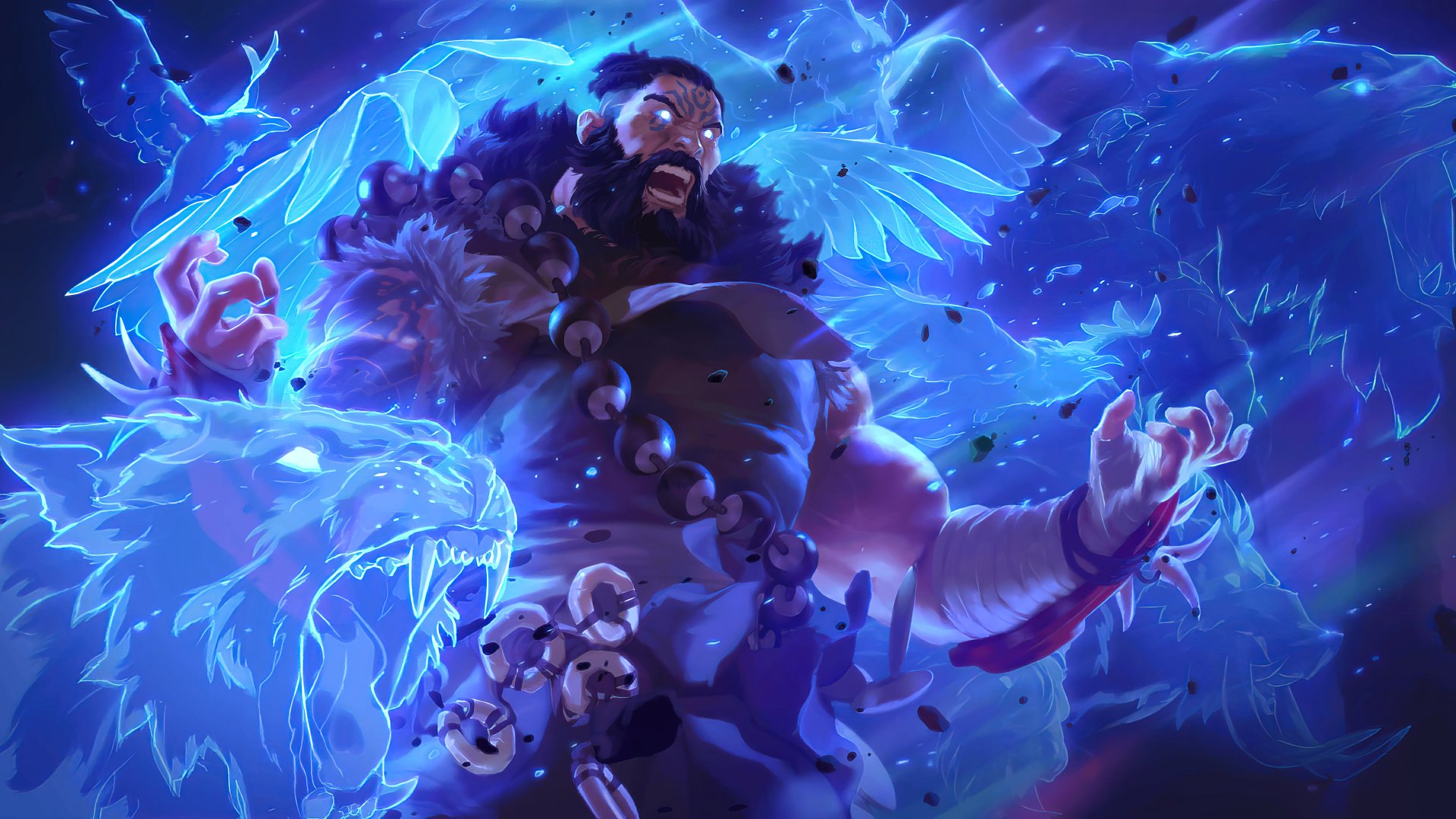 HD League of Legends wallpaper featuring the character Udyr unleashing his power with a dynamic, icy-blue energy background.