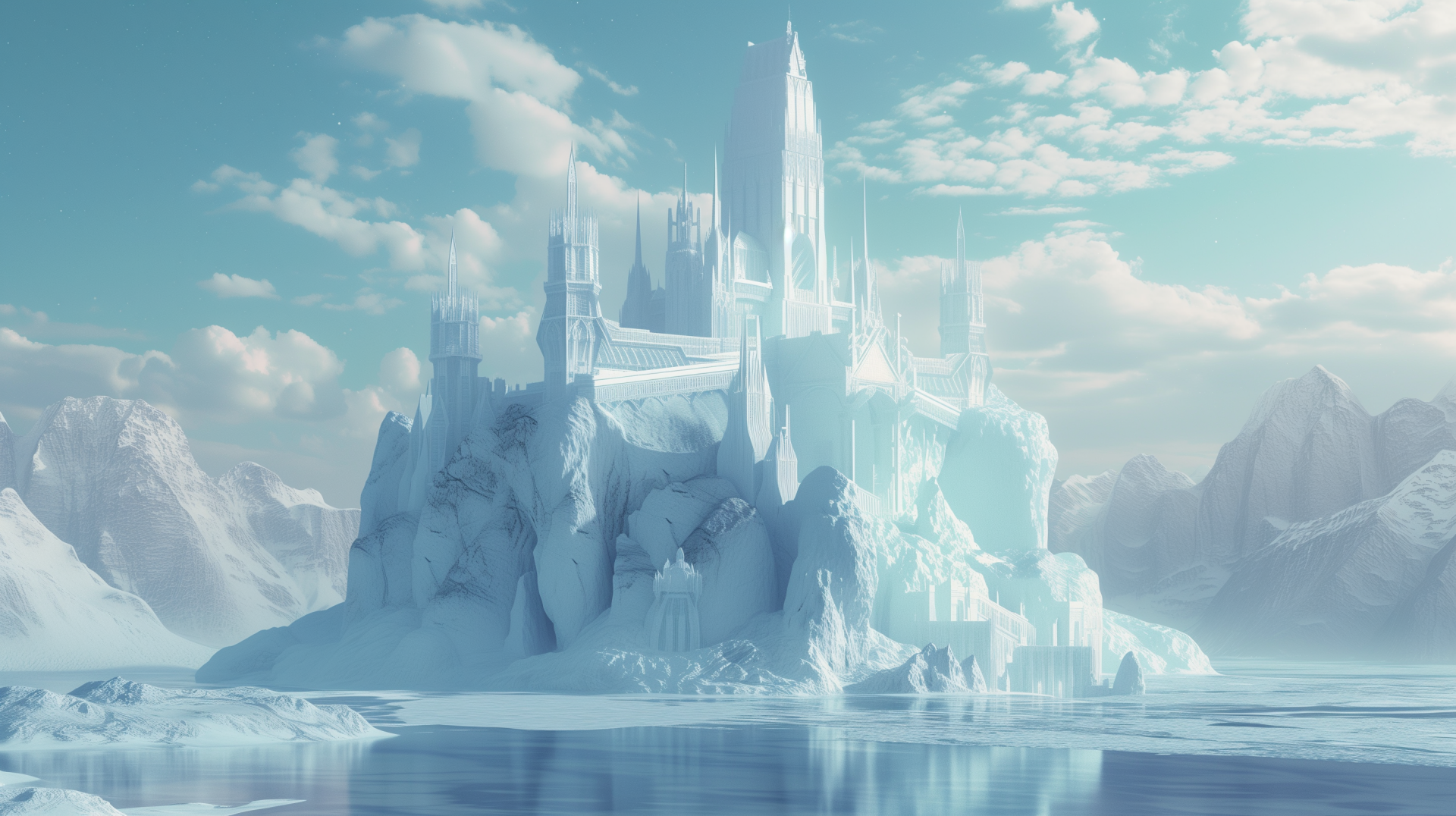 A stunning HD wallpaper featuring a majestic fantasy ice castle surrounded by a serene landscape, reflecting a dreamy sky filled with soft clouds.