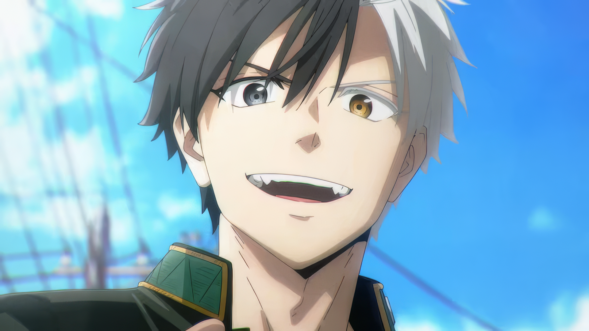 A vibrant HD desktop wallpaper featuring Haruka Sakura from the anime Wind Breaker, showcasing a smiling character with striking hair against a bright blue sky.