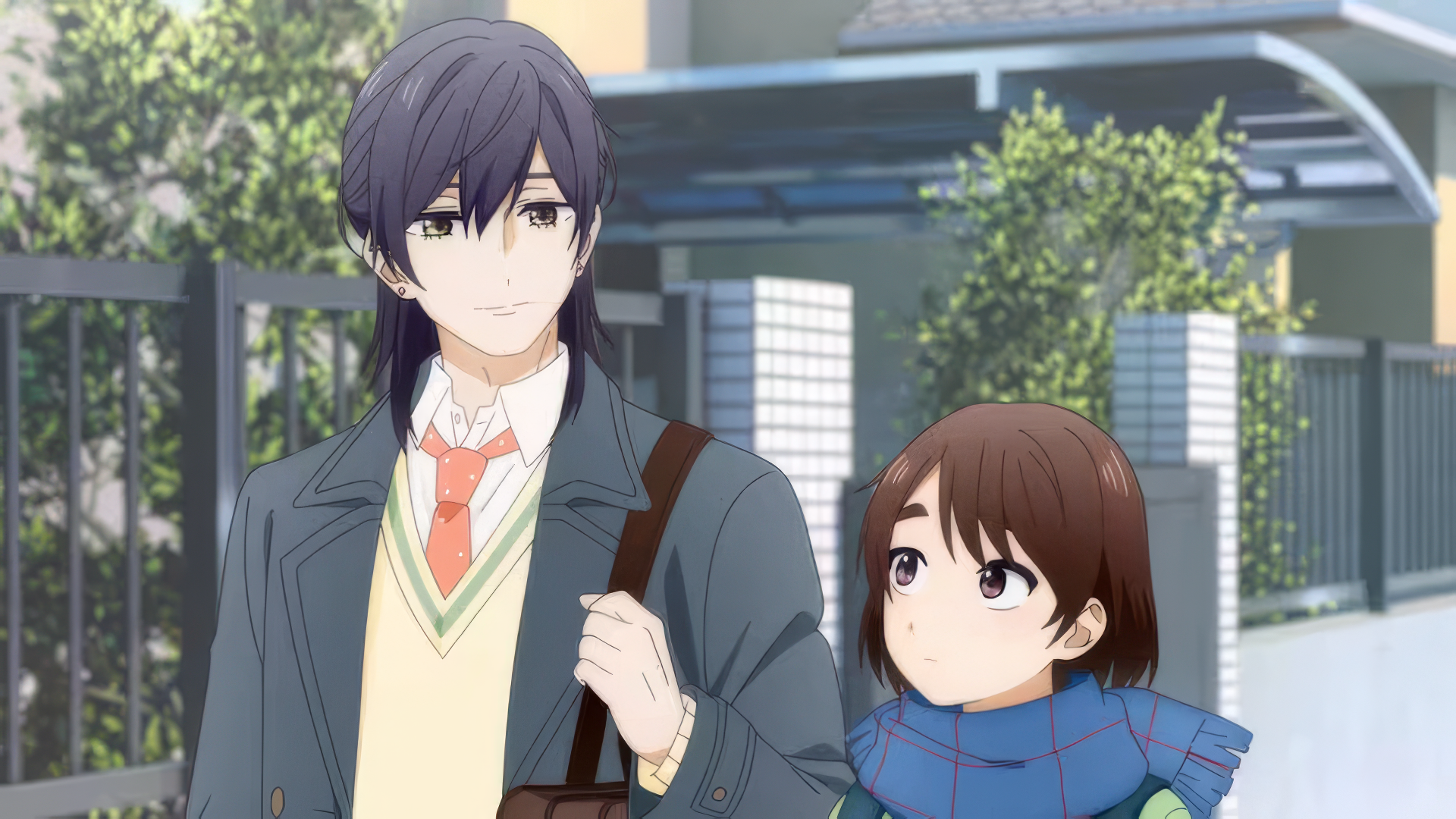 A vibrant HD wallpaper featuring characters Hotaru Hinase and Saki Hananoi from the anime A Condition Called Love, walking together in a serene outdoor setting.