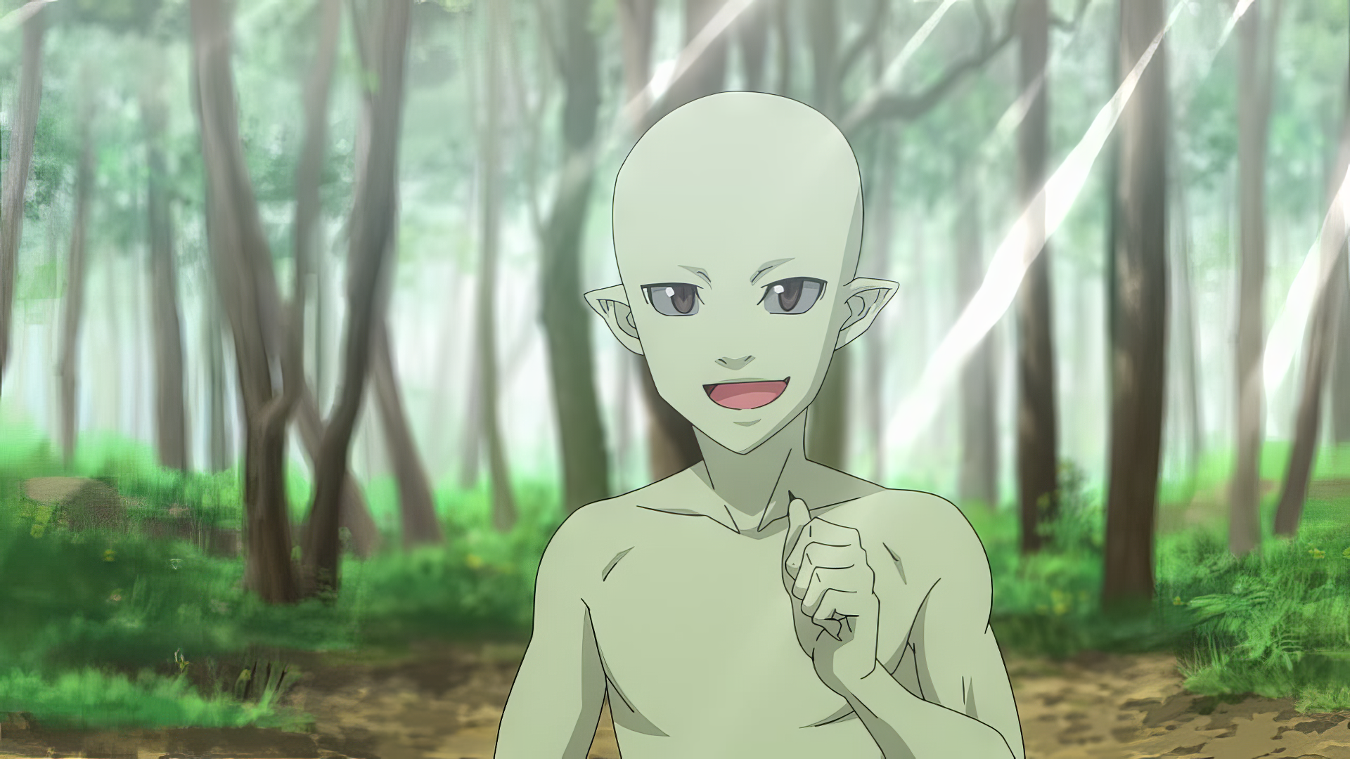 Anime character from Re:Monster with pointed ears smiling in a serene forest setting, available as HD desktop wallpaper and background.