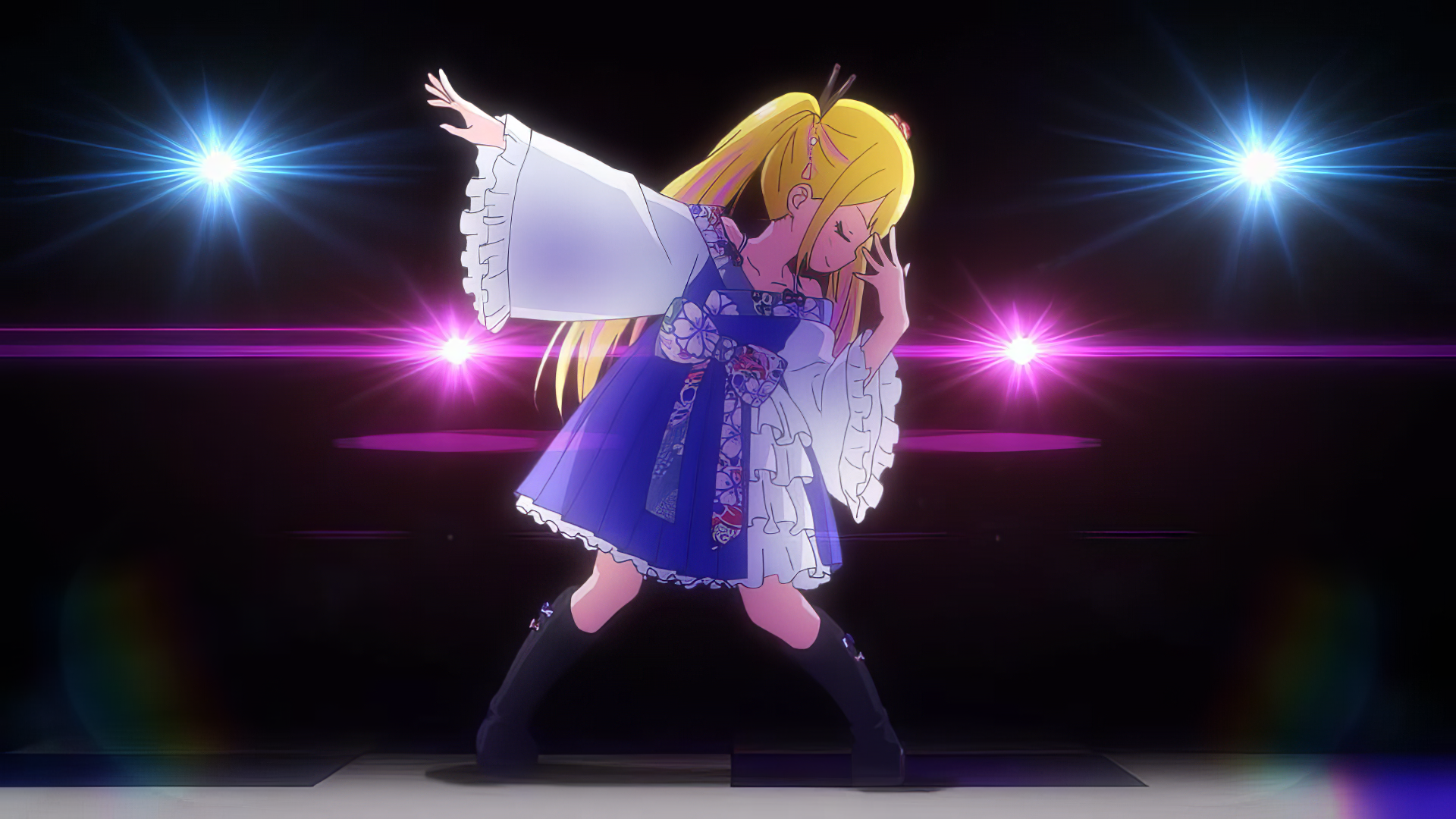 A vibrant HD desktop wallpaper featuring a female anime character in a colorful outfit, performing amidst dazzling lights. From the series A Salad Bowl of Eccentrics.