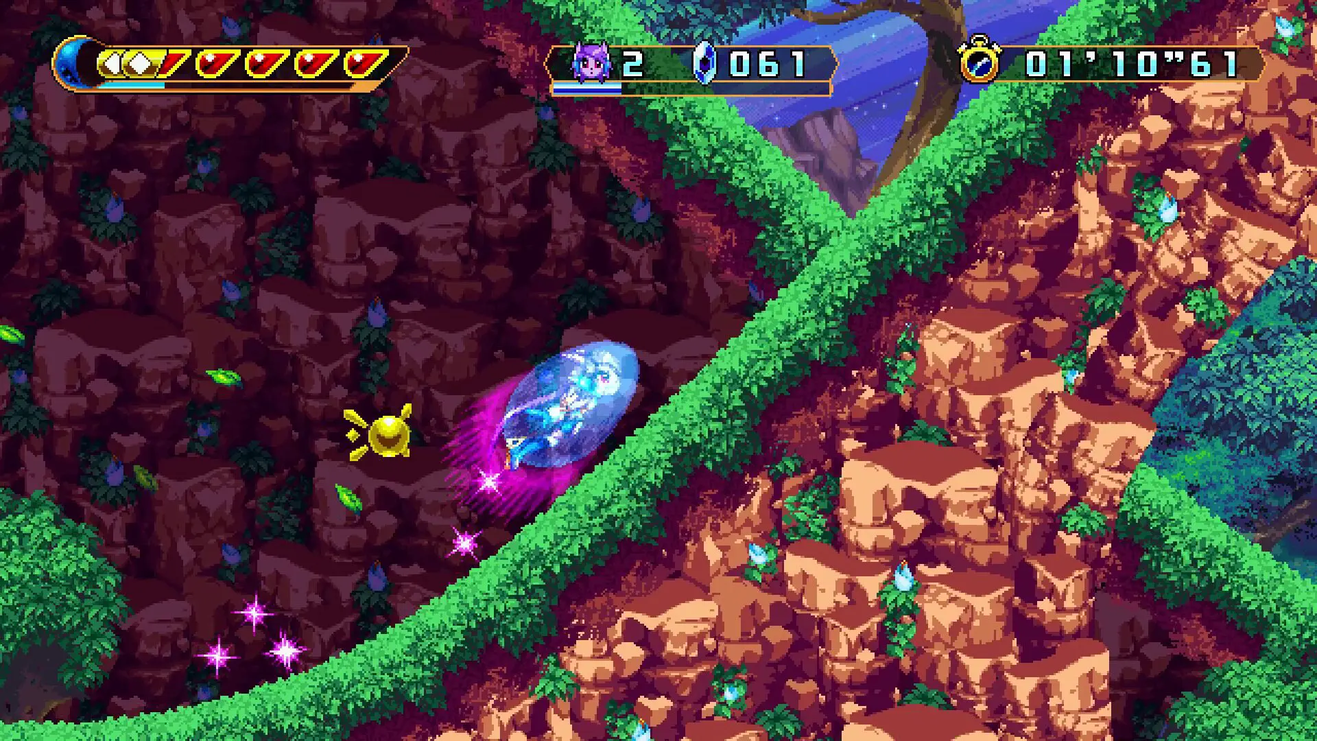 HD wallpaper of Freedom Planet 2 video game featuring vibrant in-game action with a character traversing a detailed rocky terrain with lush greenery.