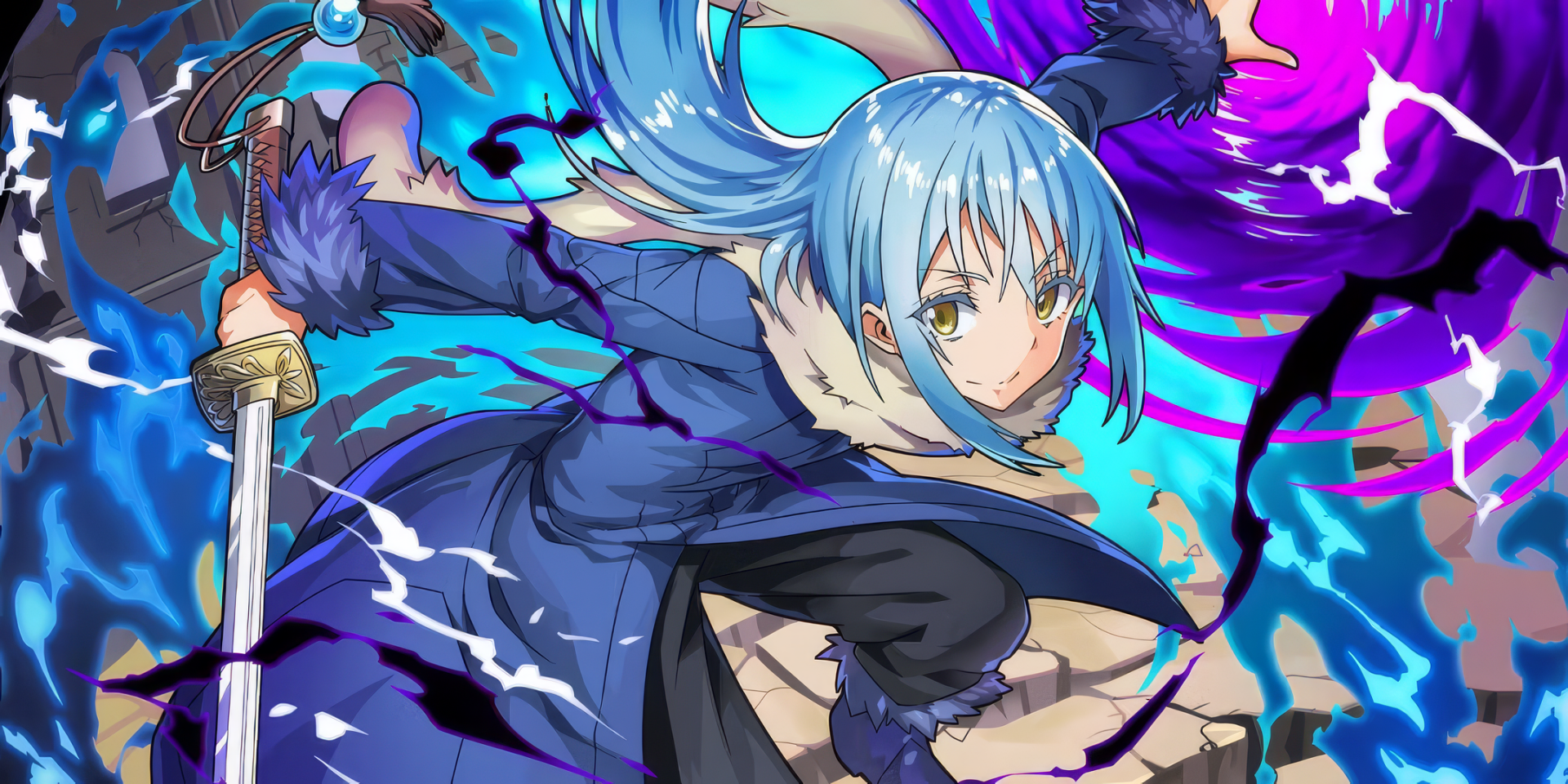 HD Anime Wallpaper featuring Rimuru Tempest from 'That Time I Got Reincarnated as a Slime' with dynamic purple and blue effects for desktop background.