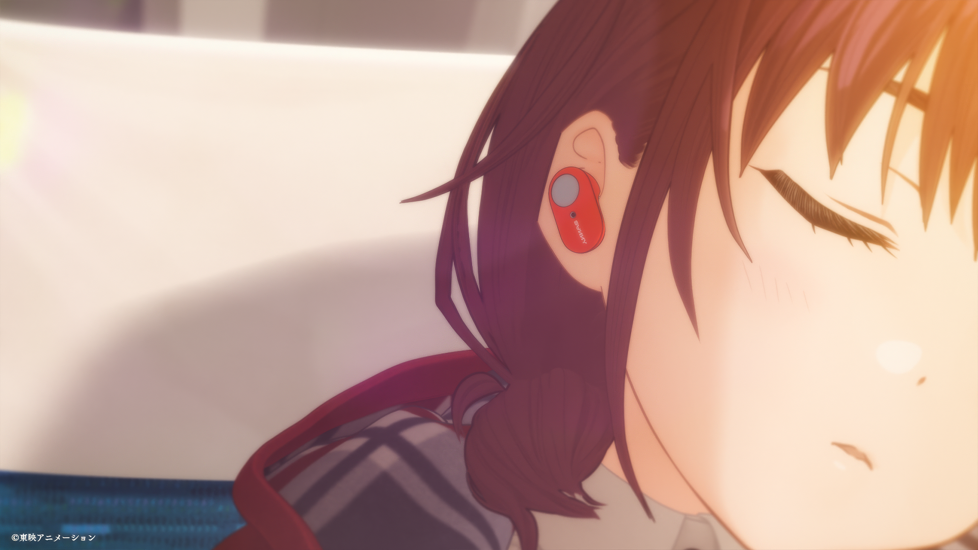 A serene HD desktop wallpaper featuring an anime girl from the band Cry, with her eyes closed and wearing distinctive ear accessories, capturing a moment of calm.