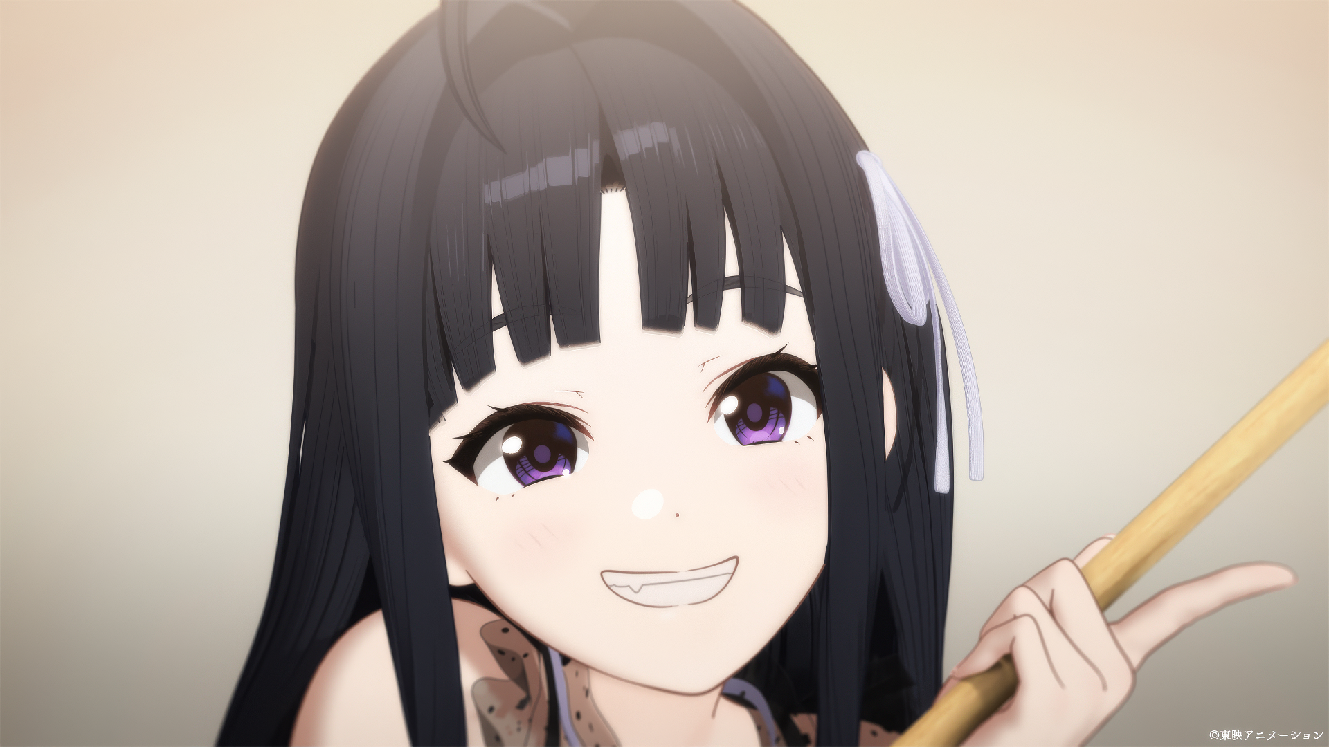 A vibrant HD desktop wallpaper featuring an anime girl from Girls Band Cry, showcasing her cheerful expression and distinctive hairstyle as she holds a drumstick.