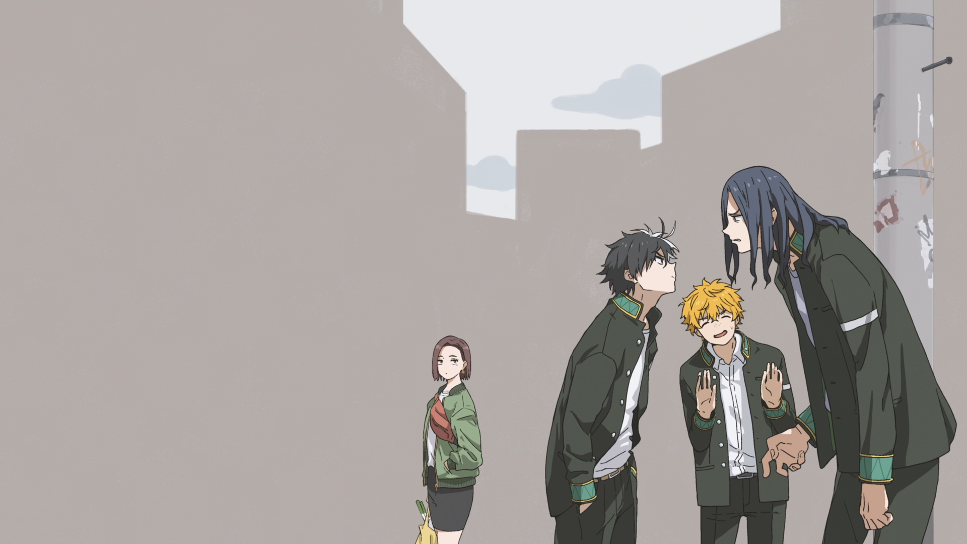 Anime-style HD desktop wallpaper featuring characters from Wind Breaker in a cityscape setting with muted colors and casual school attire.