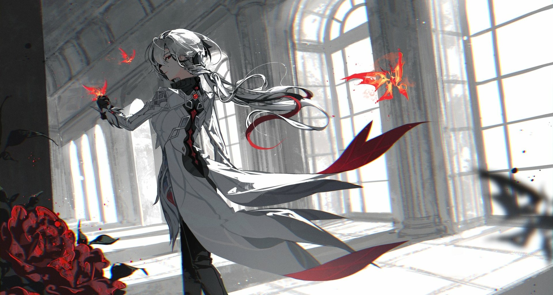 HD PC desktop wallpaper featuring Arlecchino from Genshin Impact in a dramatic, light-filled room with red accents and floating red butterflies.