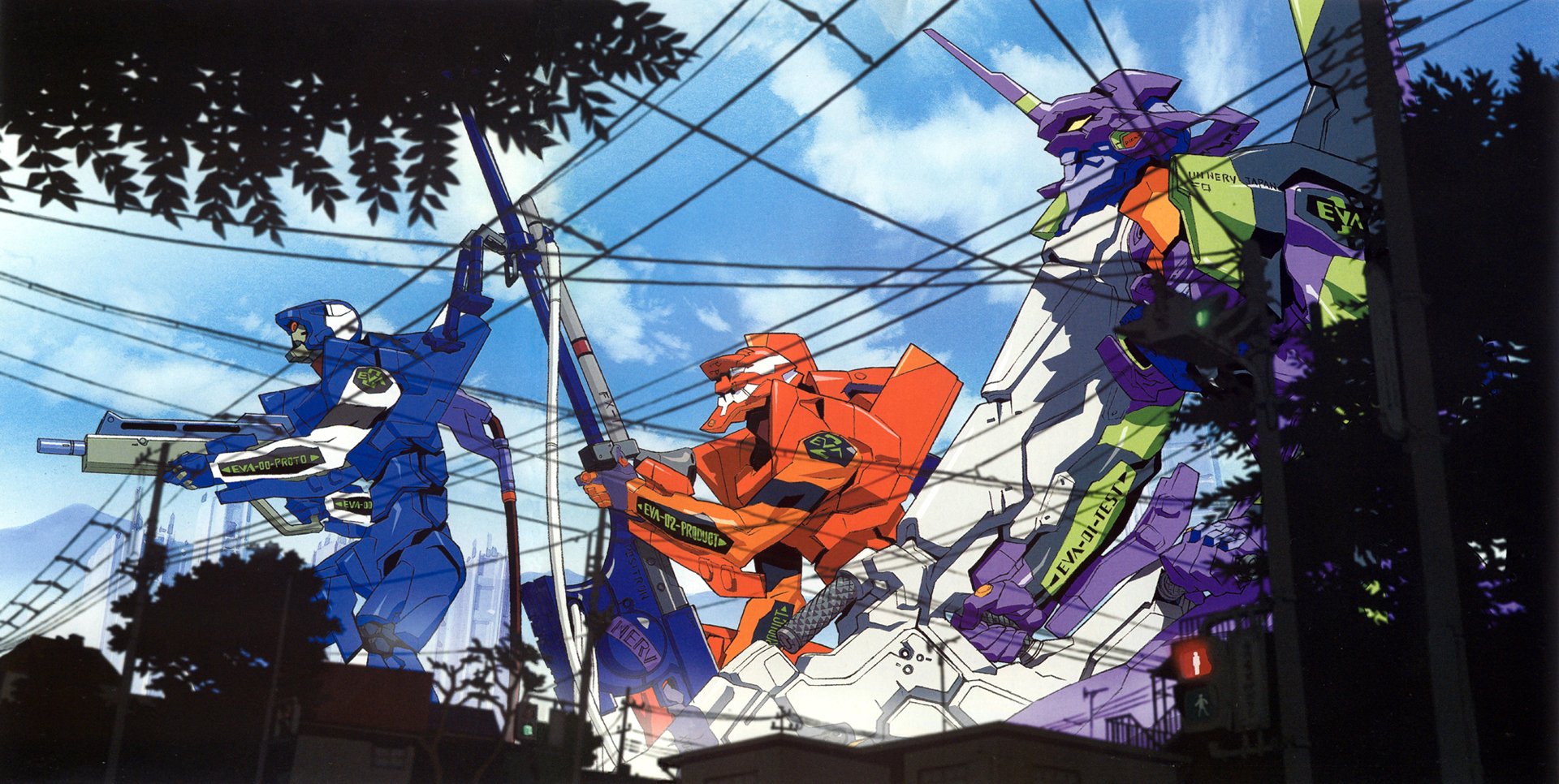 HD PC wallpaper of Neon Genesis Evangelion: Evangelion Units 02, 01 and 00 swing suspended by cables above a sunlit city — dynamic anime action with power lines and blue sky.