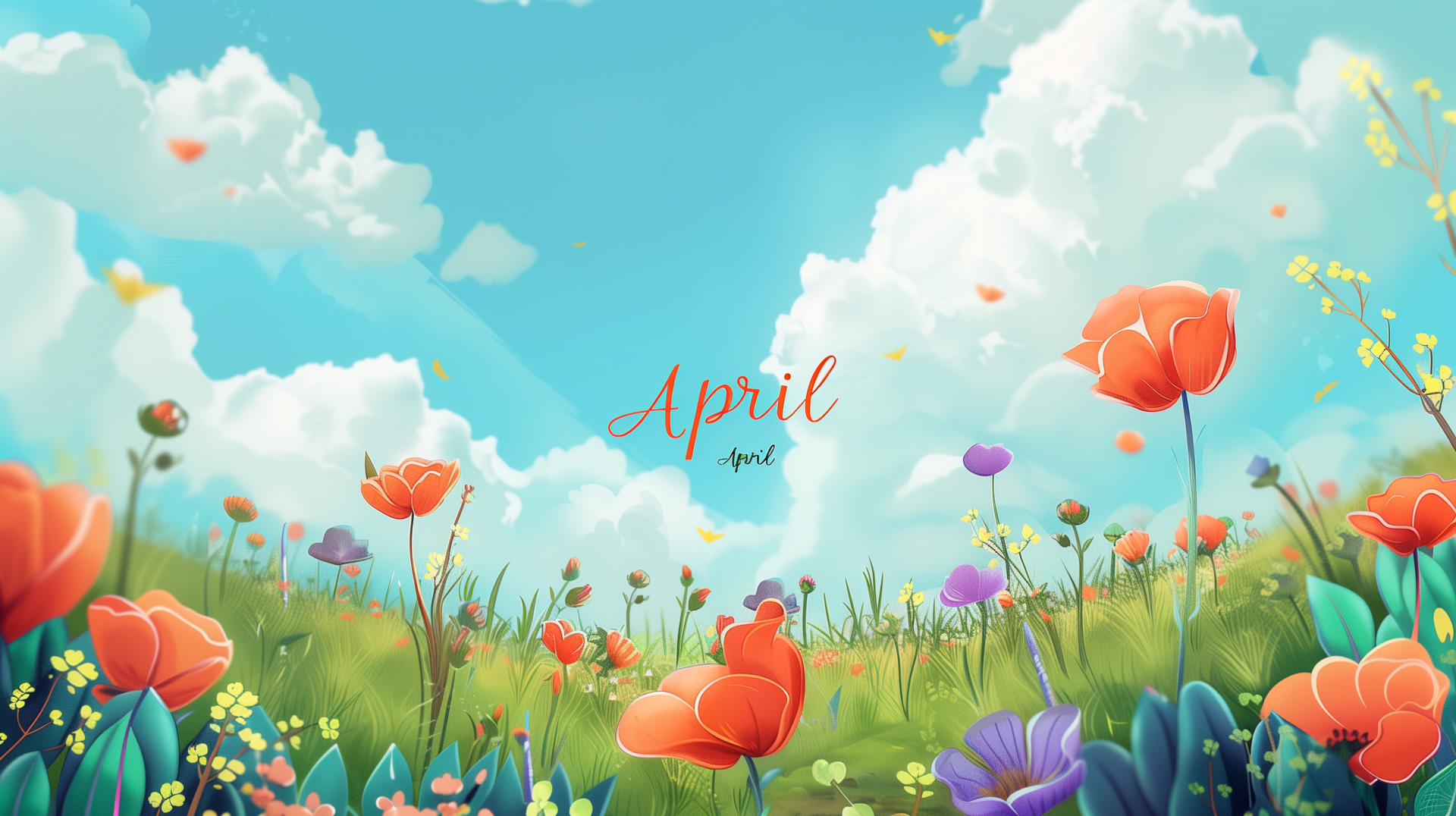 Bright and colorful spring flowers bloom under a blue sky, with fluffy clouds drifting by. The word April is elegantly displayed, capturing the essence of nature in this vibrant scene.
