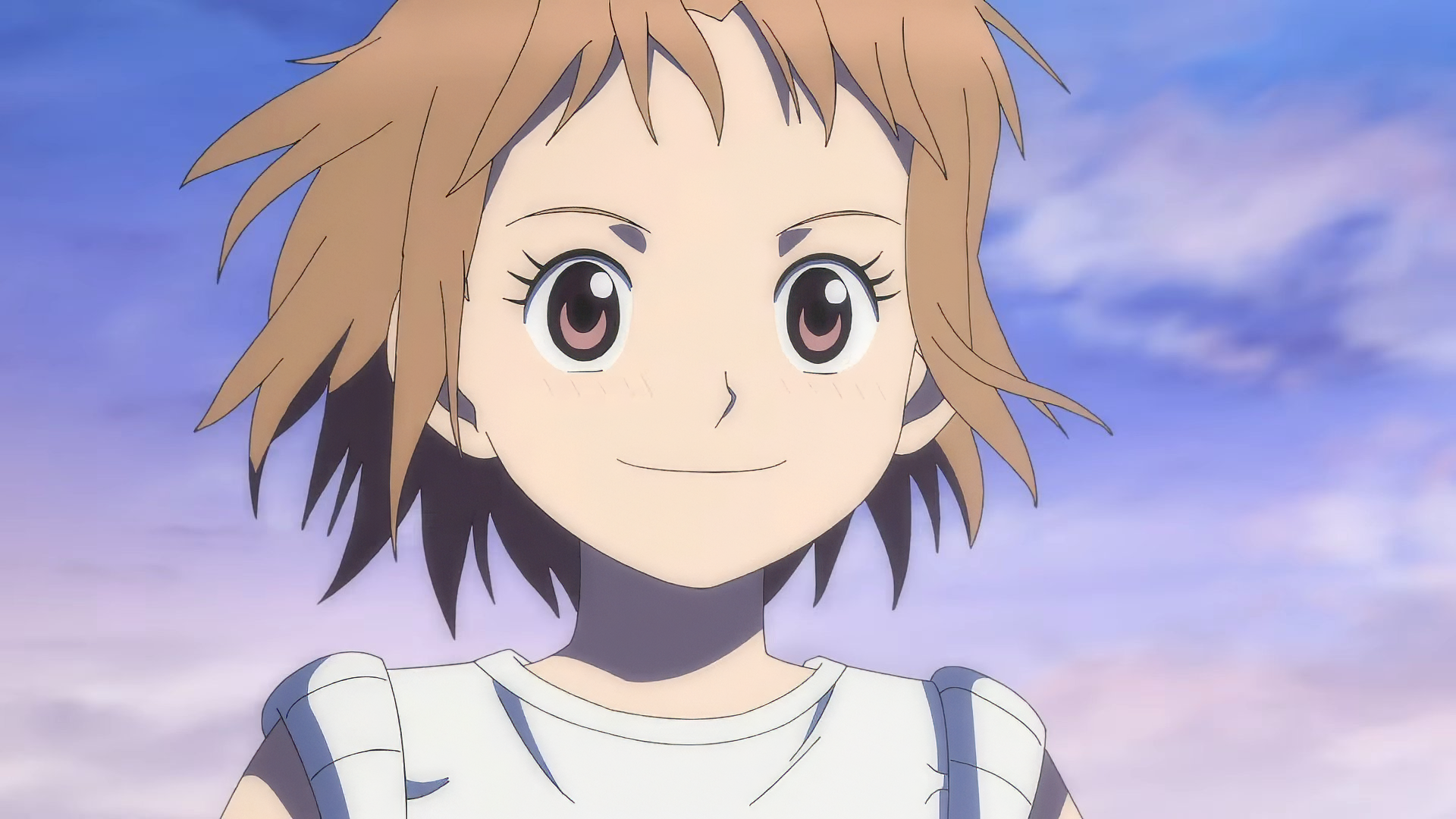 Anime character from Oi! Tonbo smiling on a cloudy sky background - HD desktop wallpaper.