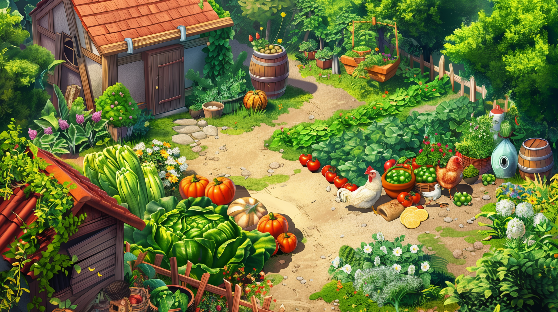 HD desktop wallpaper featuring a vibrant vegetable garden with lush greenery, a variety of plants, and a pathway leading through the garden, capturing the essence of nature.