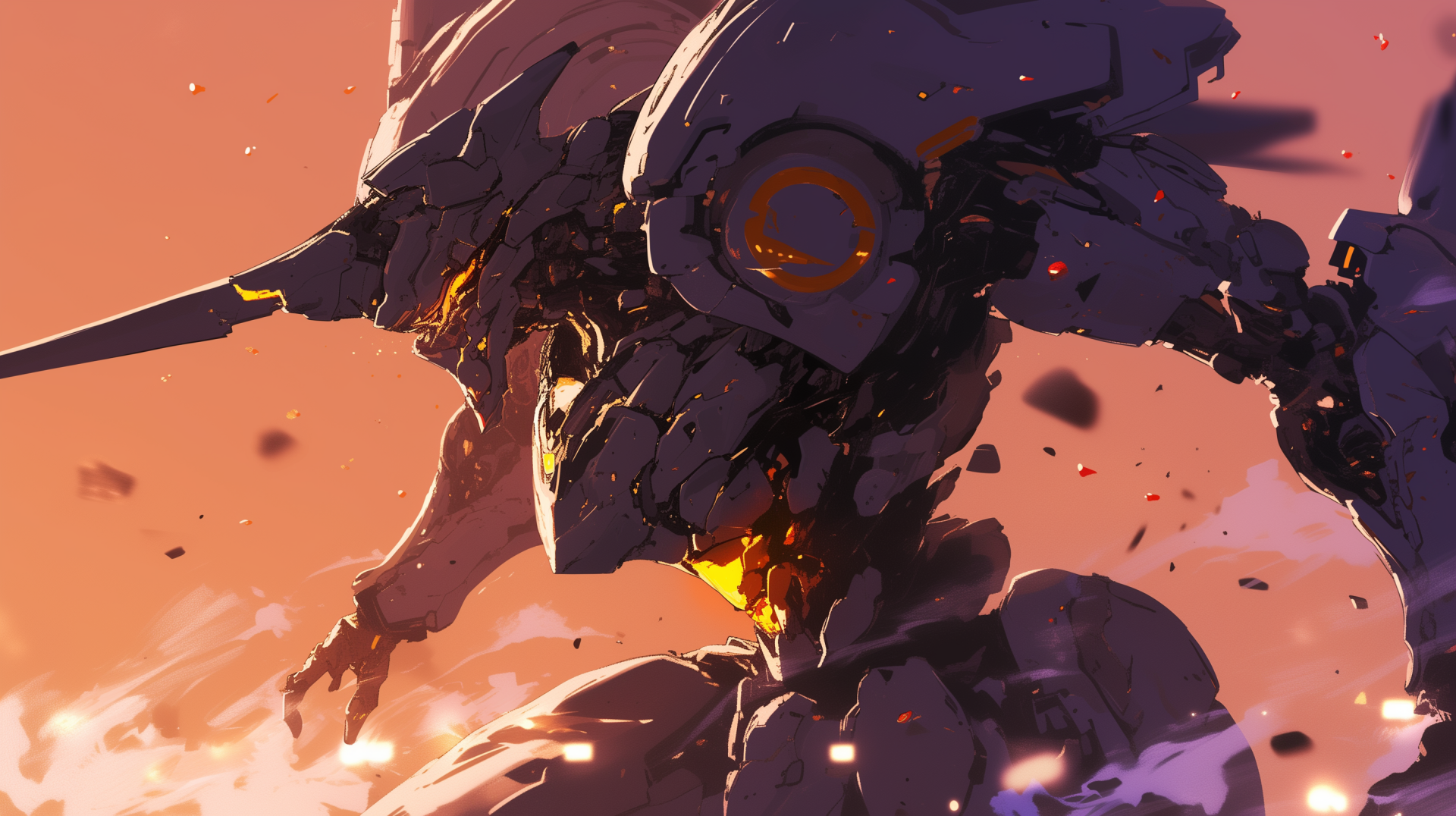 A stunning HD desktop wallpaper featuring an intense Gundam anime scene, showcasing a dynamic mecha surrounded by explosive action against a vibrant sunset backdrop.
