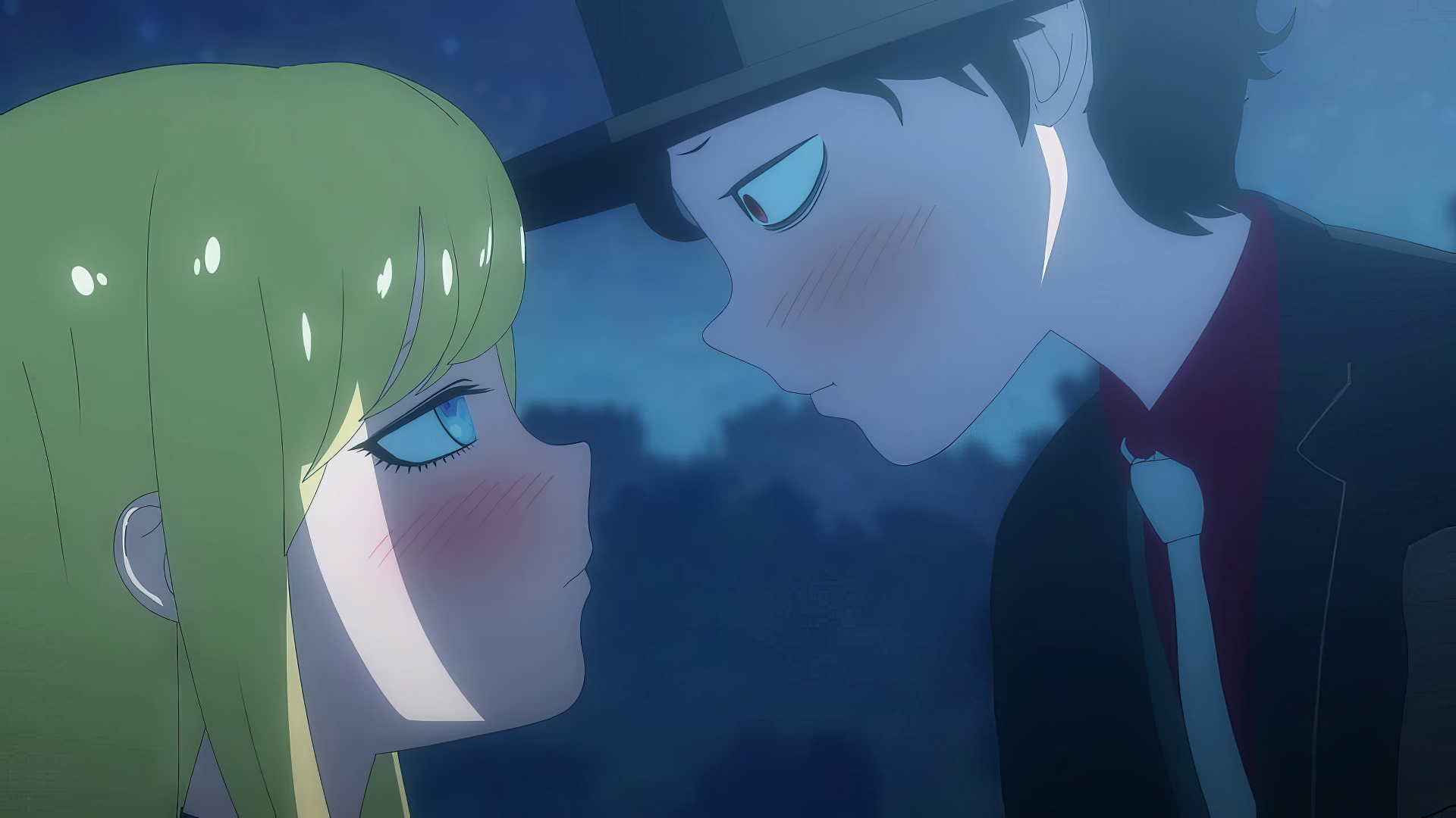 HD wallpaper featuring a close-up scene of Alice Lendrott and the Duke from the anime 'The Duke of Death and His Maid,' under a night sky.