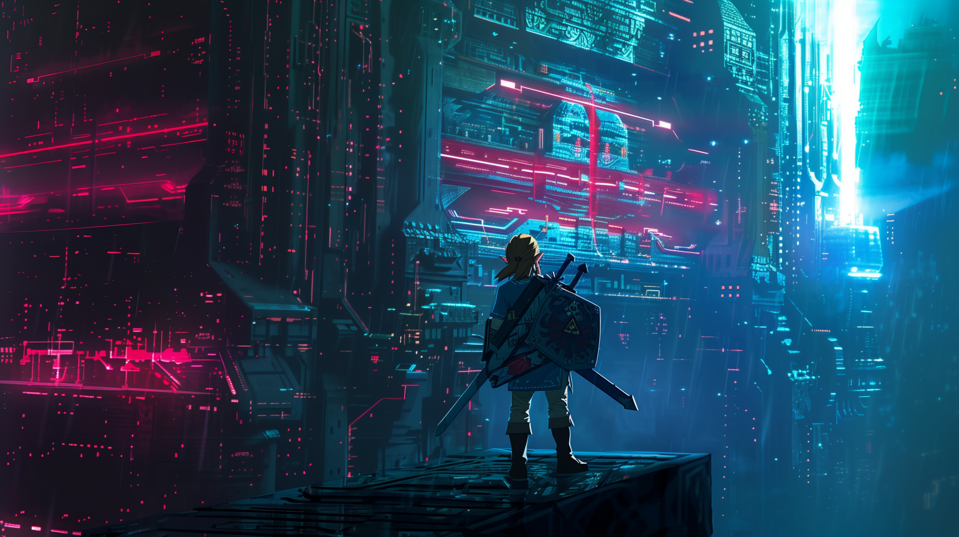 A vibrant HD desktop wallpaper featuring Link from The Legend of Zelda, standing atop a futuristic platform, surrounded by glowing neon structures.