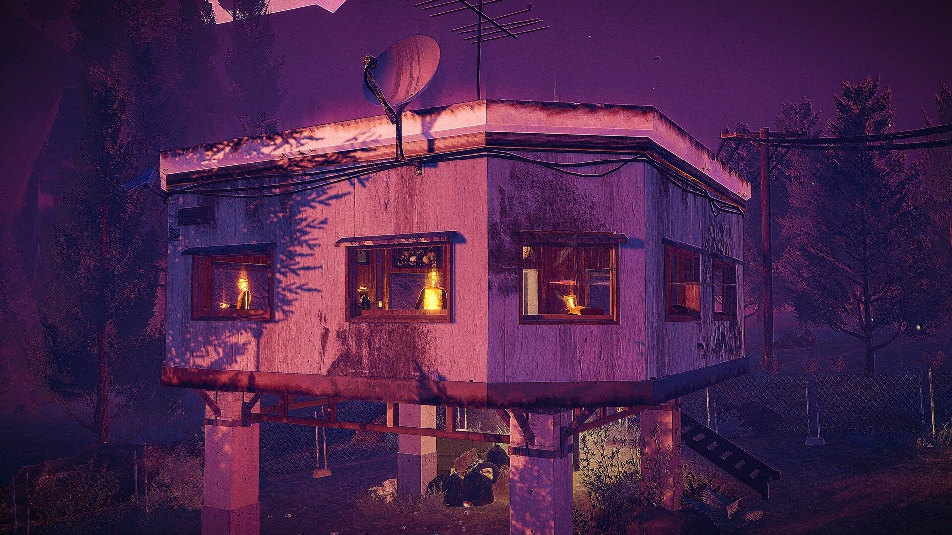 HD wallpaper of a twilight scene featuring a treehouse from the video game Children of the Sun, with warm lights illuminating the windows amidst a dusky forest setting.