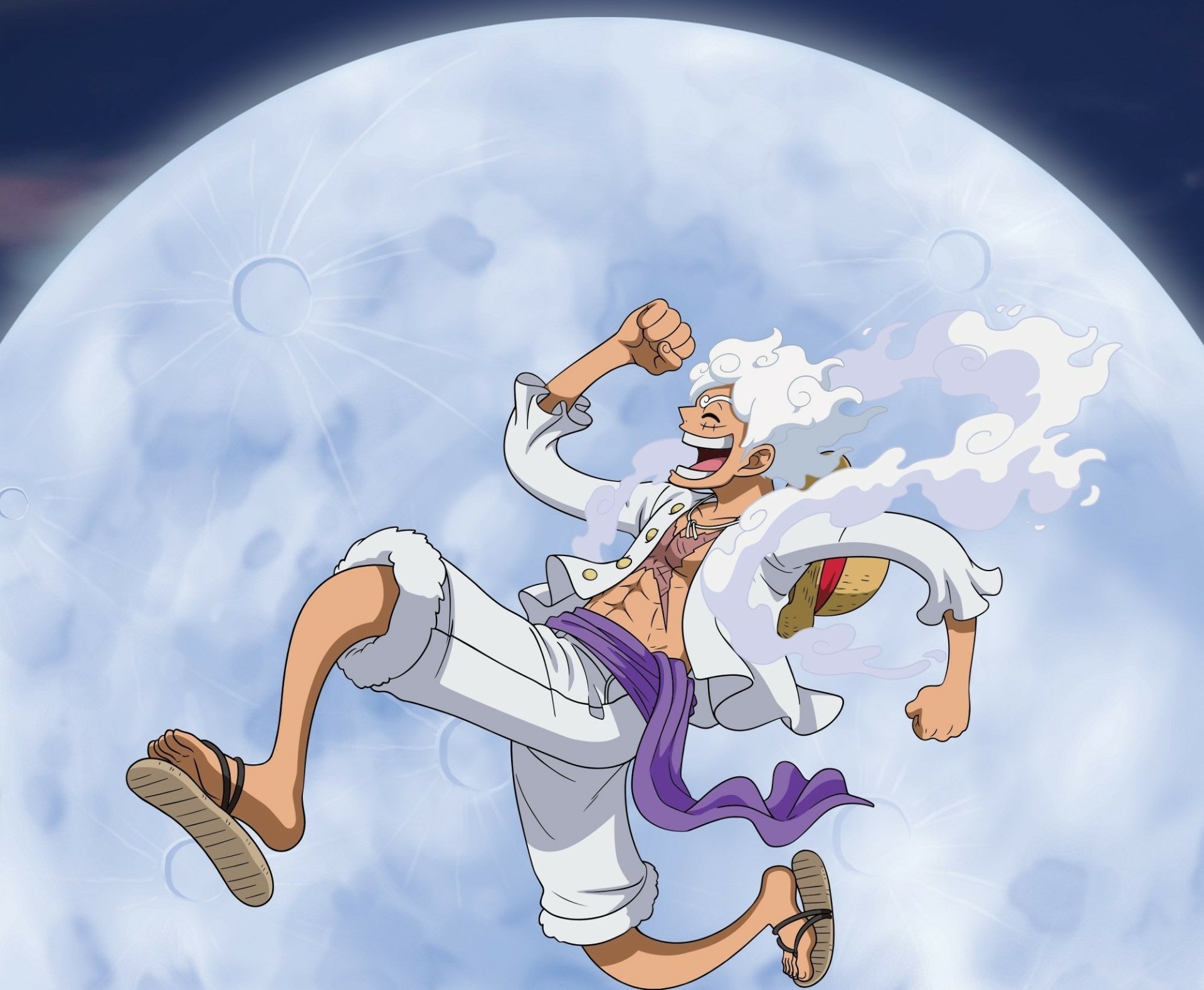 HD anime desktop wallpaper featuring Monkey D. Luffy from One Piece in his Gear 5 form against a large, glowing moon background.