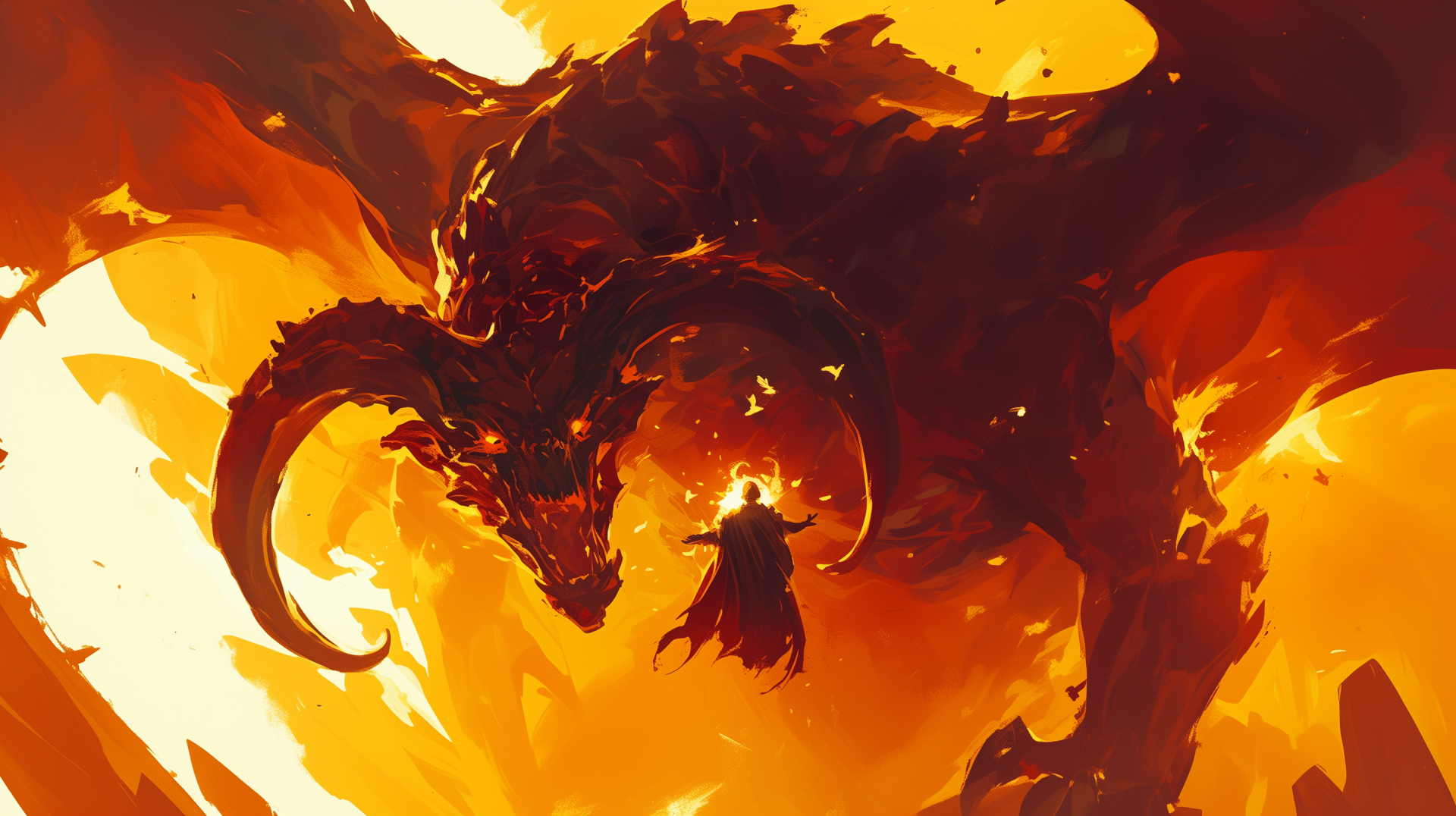 HD wallpaper featuring a fiery artistic depiction of a Balrog from The Lord of the Rings, reminiscent of Diablo, with a small figure standing before it amidst intense flames.