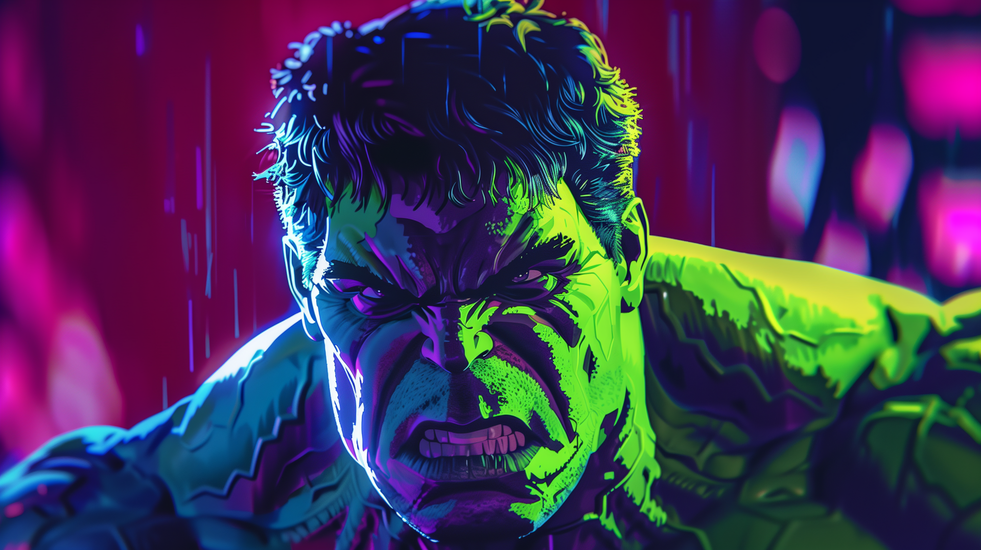 HD desktop wallpaper featuring an artistic rendition of the Hulk from Marvel Comics, portrayed with vibrant green skin and intense expression against a striking red and purple background.