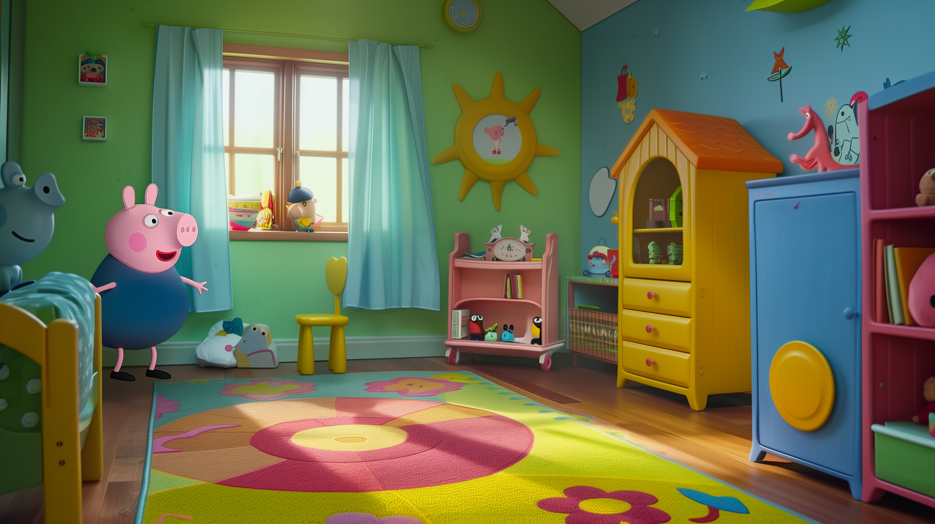 HD desktop wallpaper featuring Peppa Pig, the animated character from the children's TV show, standing in a colorful bedroom with playful decor.