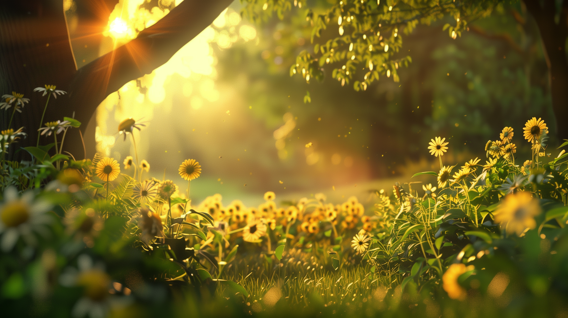 HD desktop wallpaper showing a sunny day with sunbeams filtering through tree branches, illuminating a field of daisies and greenery.