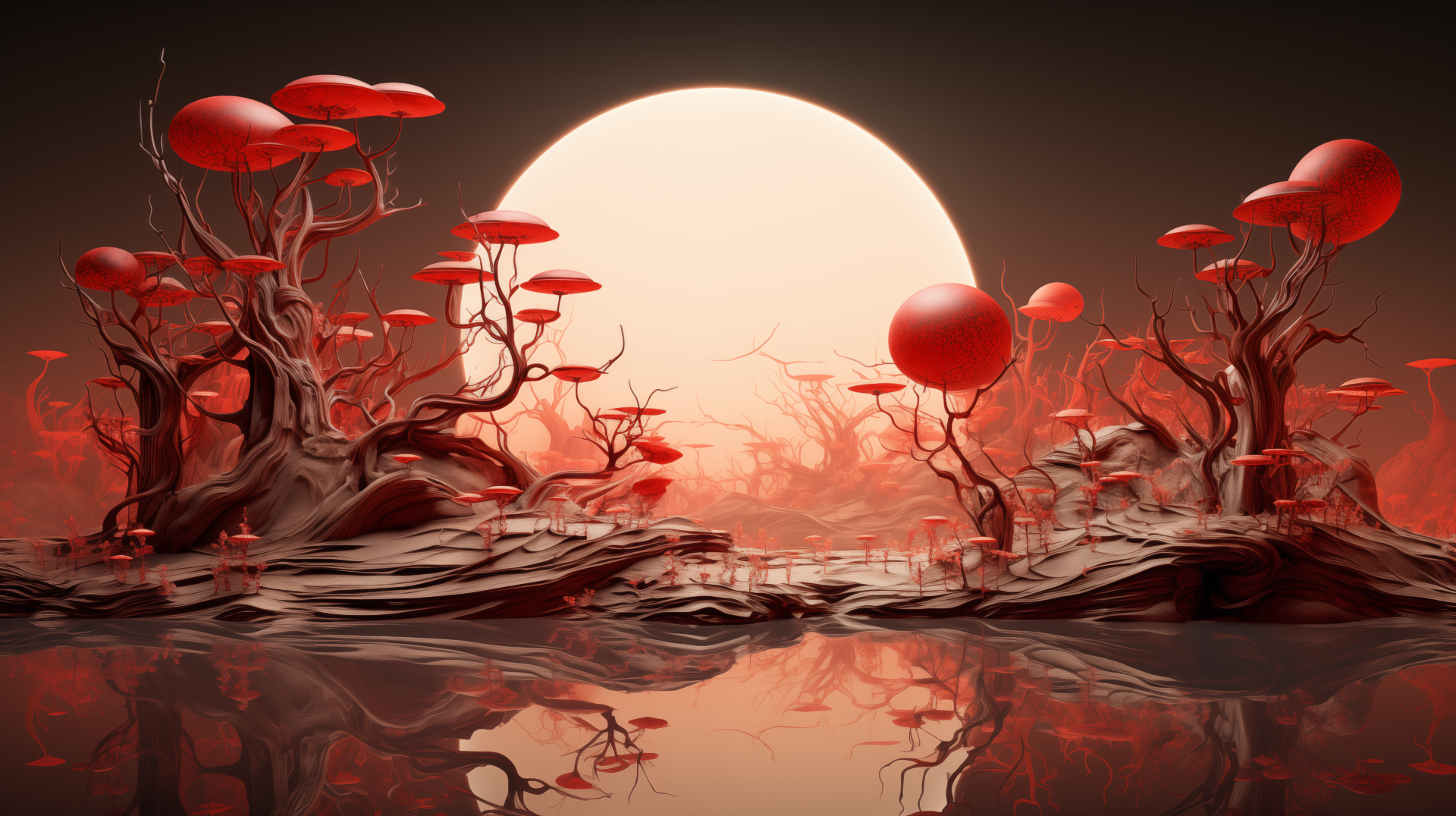 HD desktop wallpaper featuring a red-toned alien landscape with towering mushroom-like structures and a large sun.