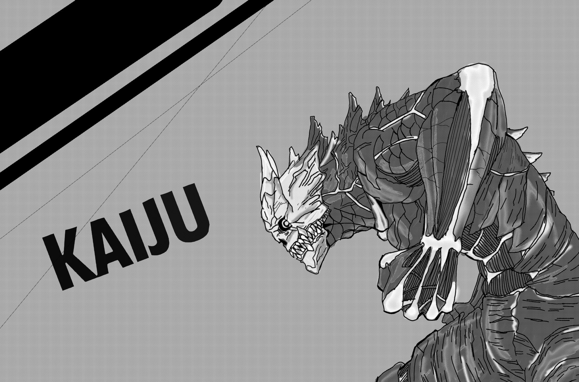Black-and-white 8K Ultra HD Kaiju No. 8 artwork featuring a detailed monstrous figure against a geometric background, designed for PC desktop wallpaper and background use.