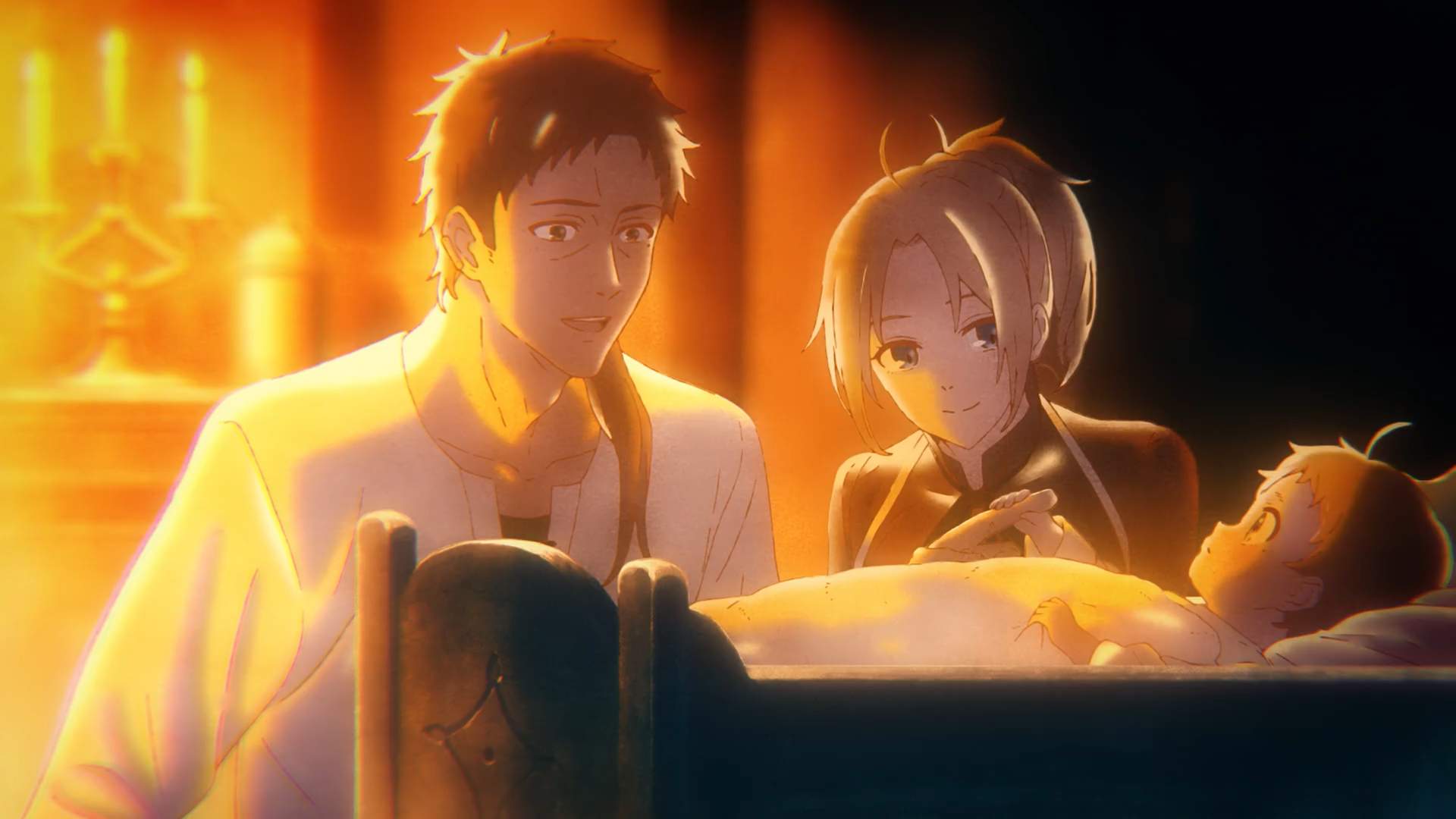 HD PC desktop wallpaper from the anime Mushoku Tensei: Jobless Reincarnation, depicting two characters watching over a child in a warmly lit room.