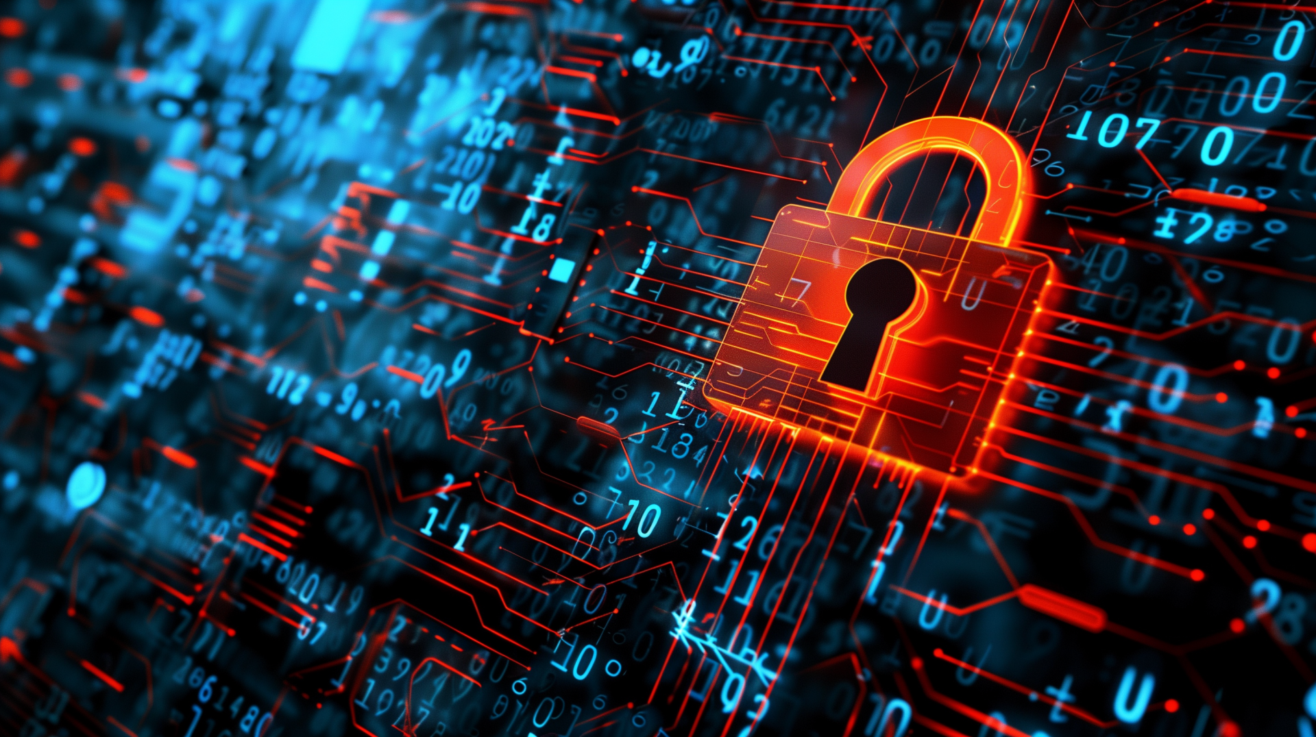 HD wallpaper featuring a glowing red padlock symbolizing password security, superimposed over a background of digital binary code, representing technology and cybersecurity.