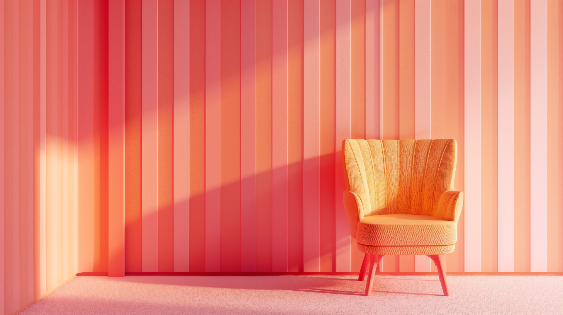 A tranquil pink aesthetic room features a vibrant yellow chair against striped pink walls, creating a soothing and stylish HD desktop wallpaper background.