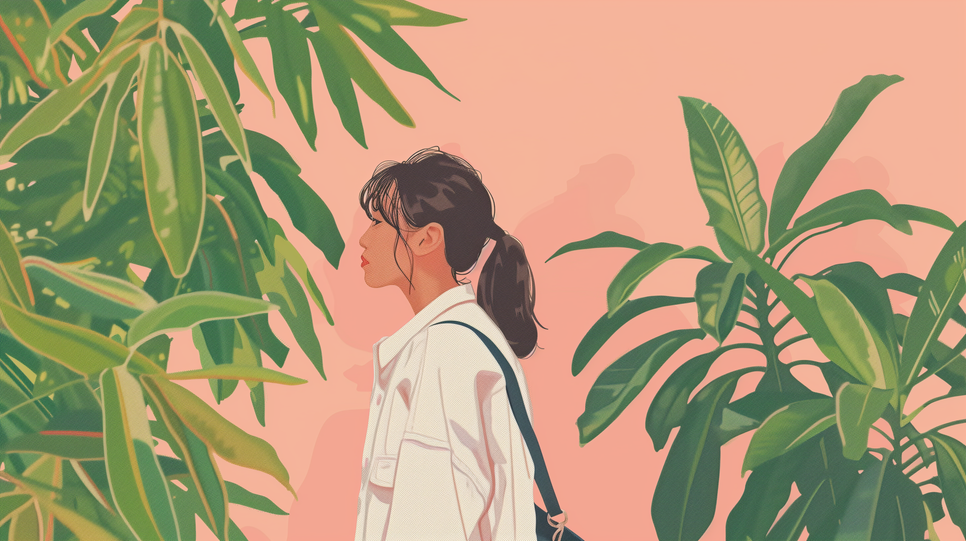 HD desktop wallpaper featuring a stylized illustration of a person in a preppy outfit with a y2k aesthetic, standing in profile with pastel-toned tropical foliage against a soft pink background.