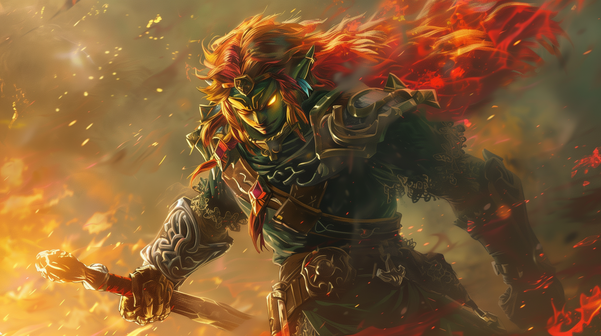 HD desktop wallpaper of a character from The Legend of Zelda video game series, showcasing a dynamic pose with a fiery aura, possibly representing Ganon or another character, set against an explosive backdrop.