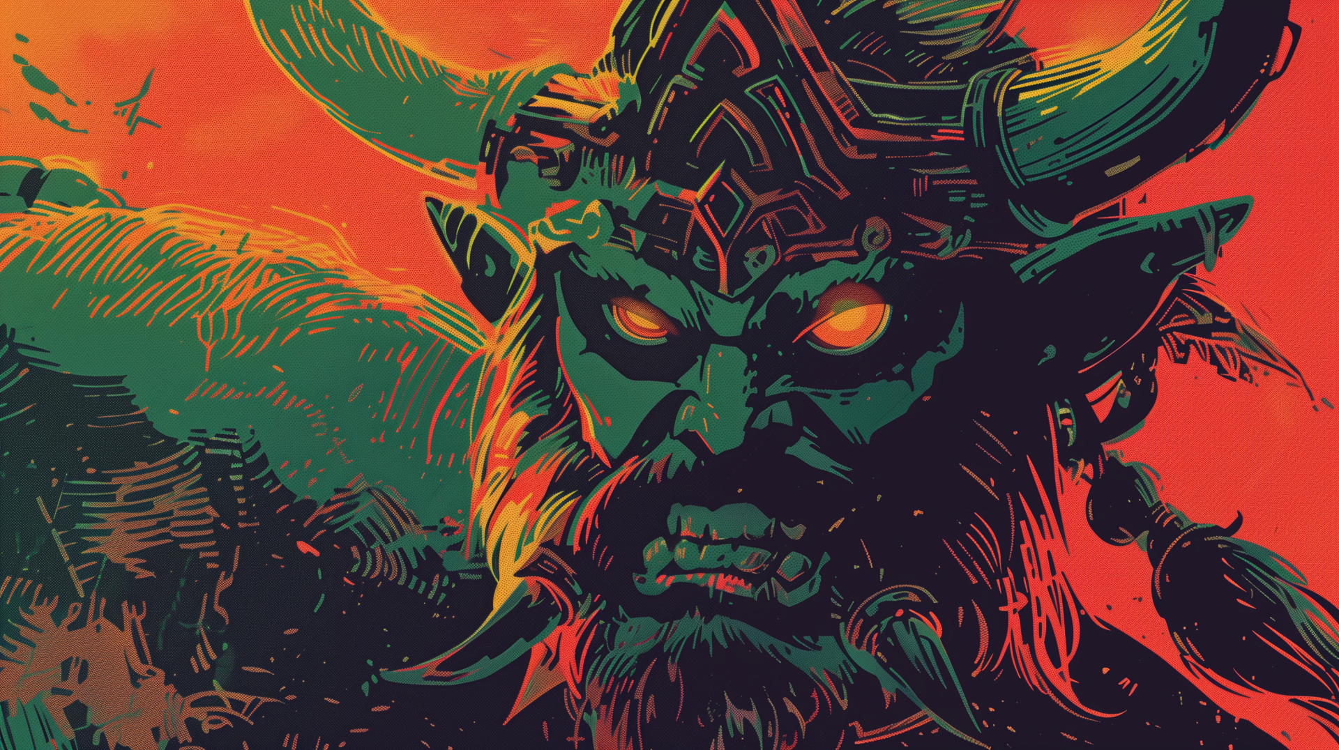 HD desktop wallpaper featuring the character Ganon from The Legend of Zelda video game series, depicted with a vibrant red and green color scheme, presenting an intense and menacing expression.