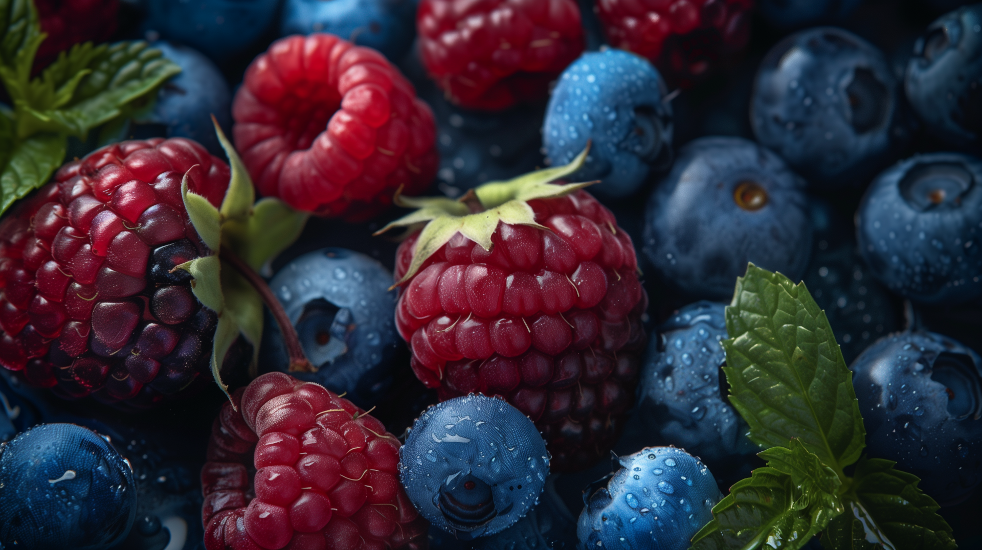 HD wallpaper featuring a close-up of fresh, dew-covered blueberries and raspberries with crisp mint leaves.