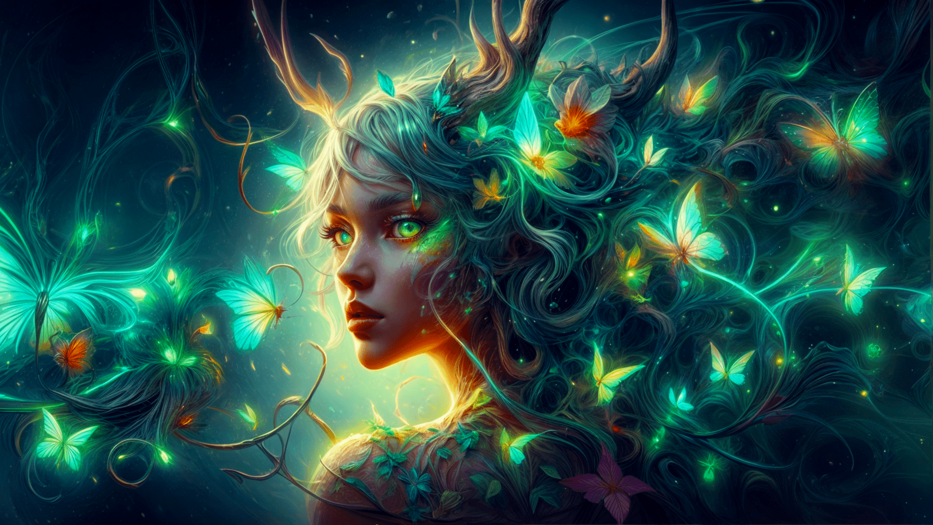 A vibrant HD desktop wallpaper featuring a mystical Butterfly Girl with flowing green hair surrounded by glowing butterflies in a magical, ethereal atmosphere.