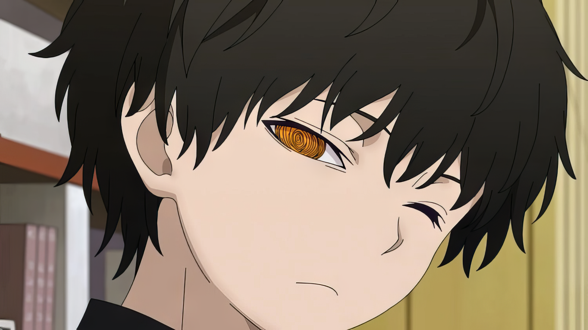 HD desktop wallpaper of an anime character with black hair and a distinctive orange eye, hinting at themes of mysterious disappearances.