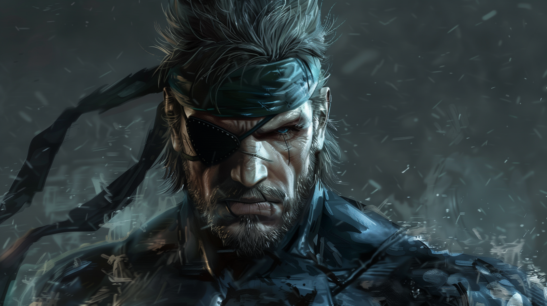 HD desktop wallpaper featuring Solid Snake, a rugged character with a bandana and eyepatch, from the Metal Gear Solid video game series, against a grungy backdrop.