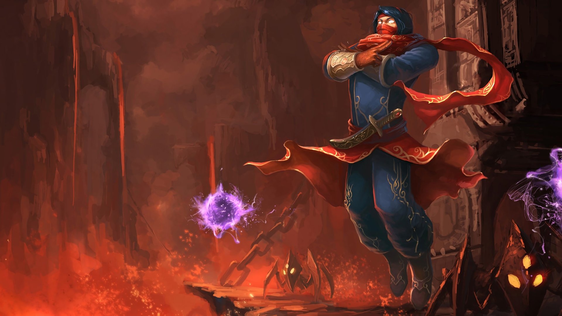 HD desktop wallpaper of Malzahar from League of Legends, showcasing the champion casting a spell in a fiery, cavernous background.