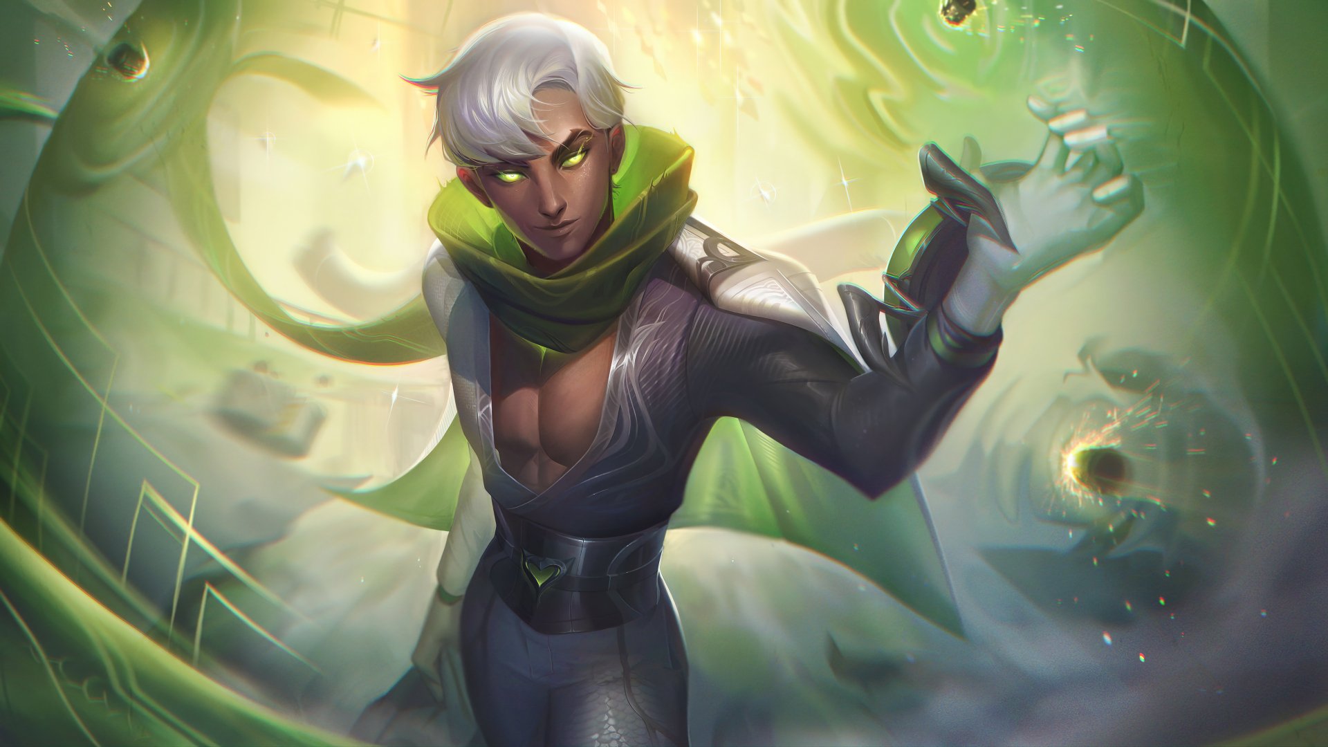 HD wallpaper of the League of Legends character Malzahar, depicted with glowing green magical energy swirling around, ready for gaming desktop backgrounds.