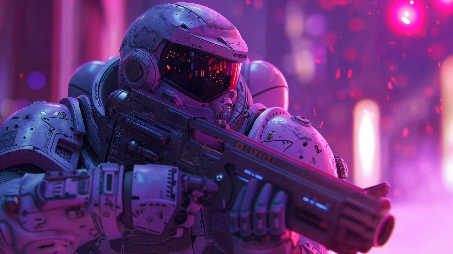 A futuristic space marine in armor with a helmet and guns against a neon-lit purple background, suitable as a high-definition desktop wallpaper and background for sci-fi enthusiasts.