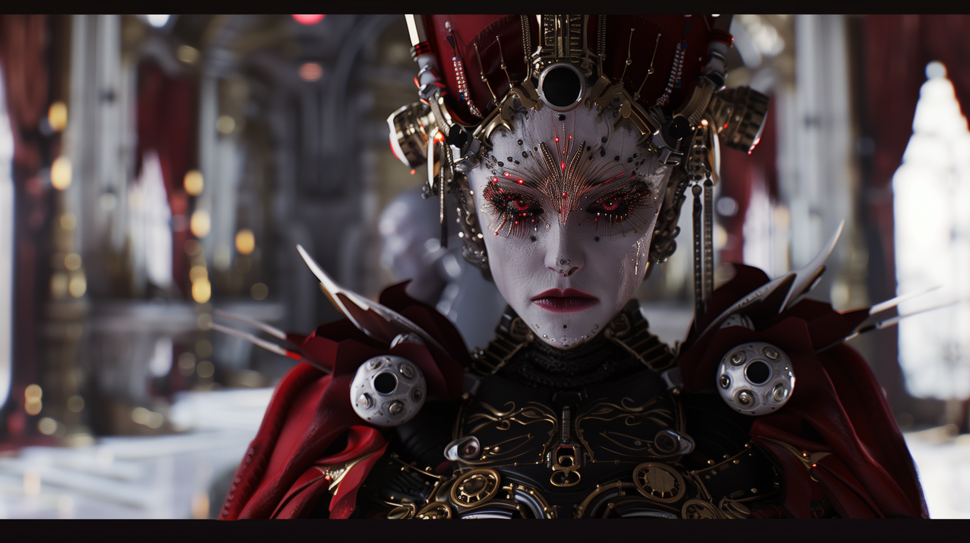 HD wallpaper featuring a dark, stylized queen with an ornate crown and elaborate makeup, set against a grand, luxurious interior background.