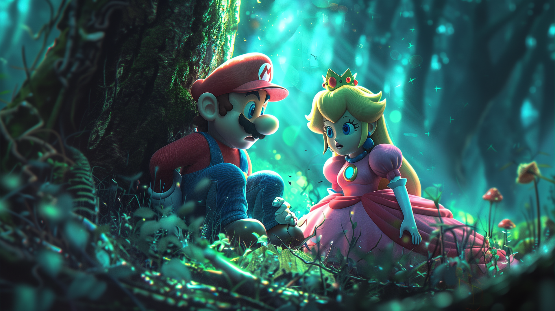 HD wallpaper featuring the animated characters Mario and Princess Peach in a mystical forest setting with glowing lights and lush greenery.