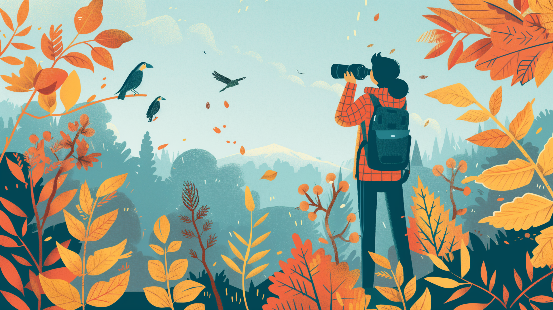 An illustrated HD desktop wallpaper depicting a person engaged in birdwatching through binoculars amidst vibrant autumn foliage with birds flying against a backdrop of mountains and a clear sky.