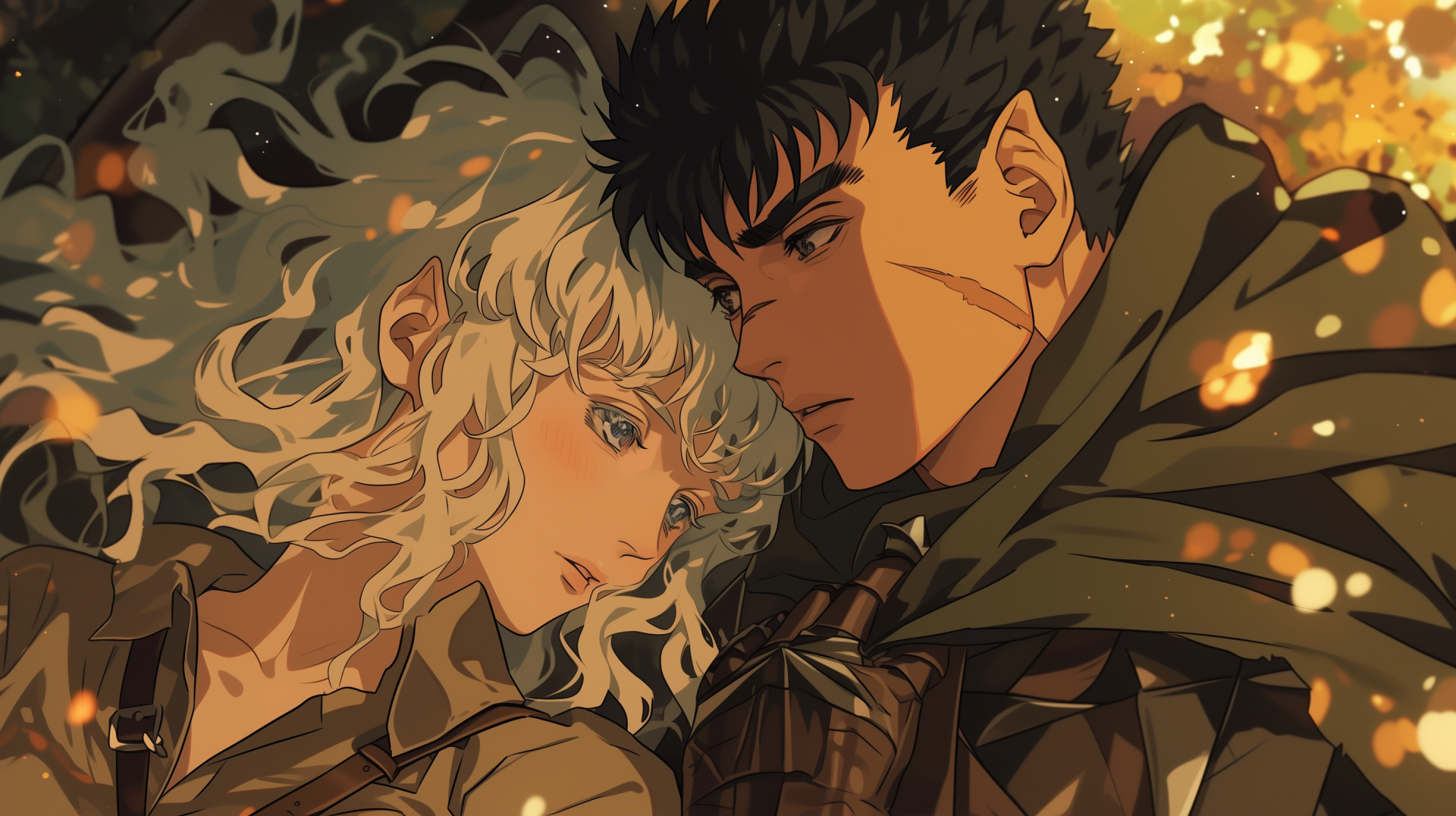 HD desktop wallpaper featuring the anime characters Guts and Griffith from Berserk, portrayed in a close and intense moment with a backdrop of warm, glowing embers.