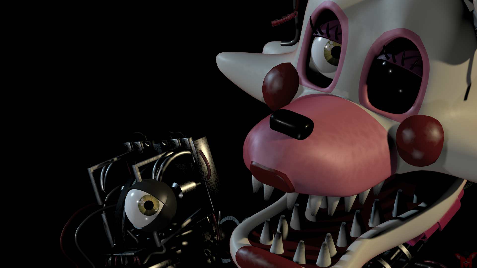 An 8K Ultra HD PC desktop wallpaper featuring a close-up of an animatronic character from Five Nights at Freddy's 2 with detailed facial features and mechanical parts.