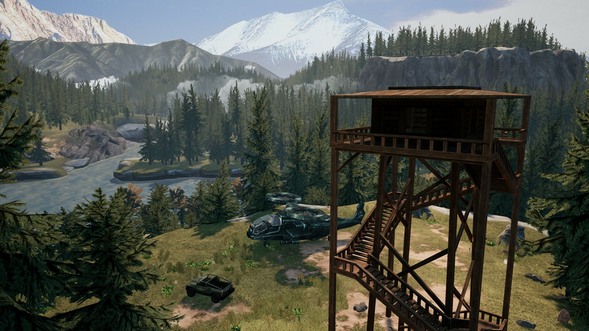 HD desktop wallpaper from the video game Phantom Fury featuring a lookout tower in a forested landscape with mountains in the background.